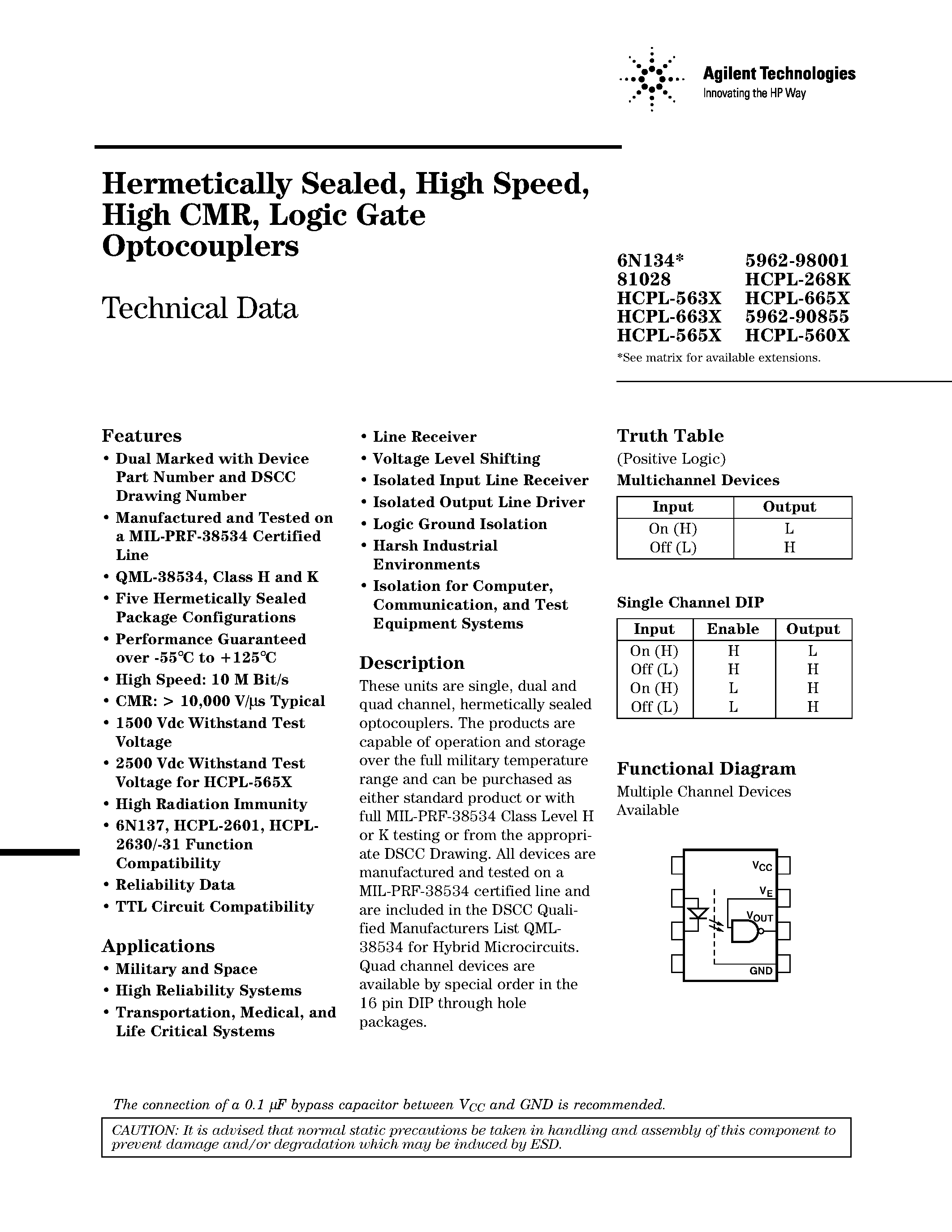 Даташит HCPL-268K - (HCPL-xxxx) Hermetically Sealed / High Speed / High CMR / Logic Gate Optocouplers страница 1