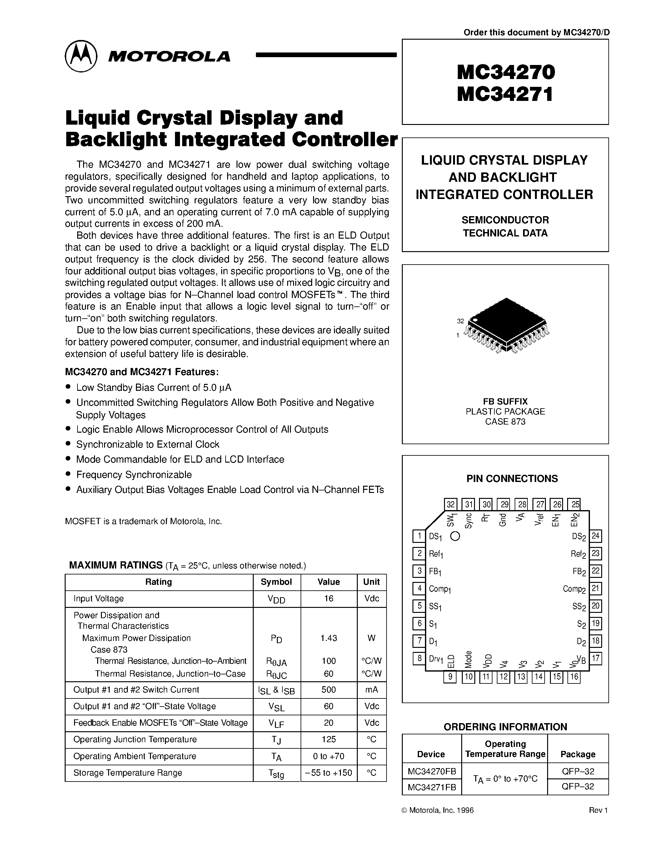 Datasheet MC34270 - (MC34270 / MC34271) LIQUID CRYSTAL DISPLAY AND BACKLIGHT INTEGRATED CONTROLLER page 1
