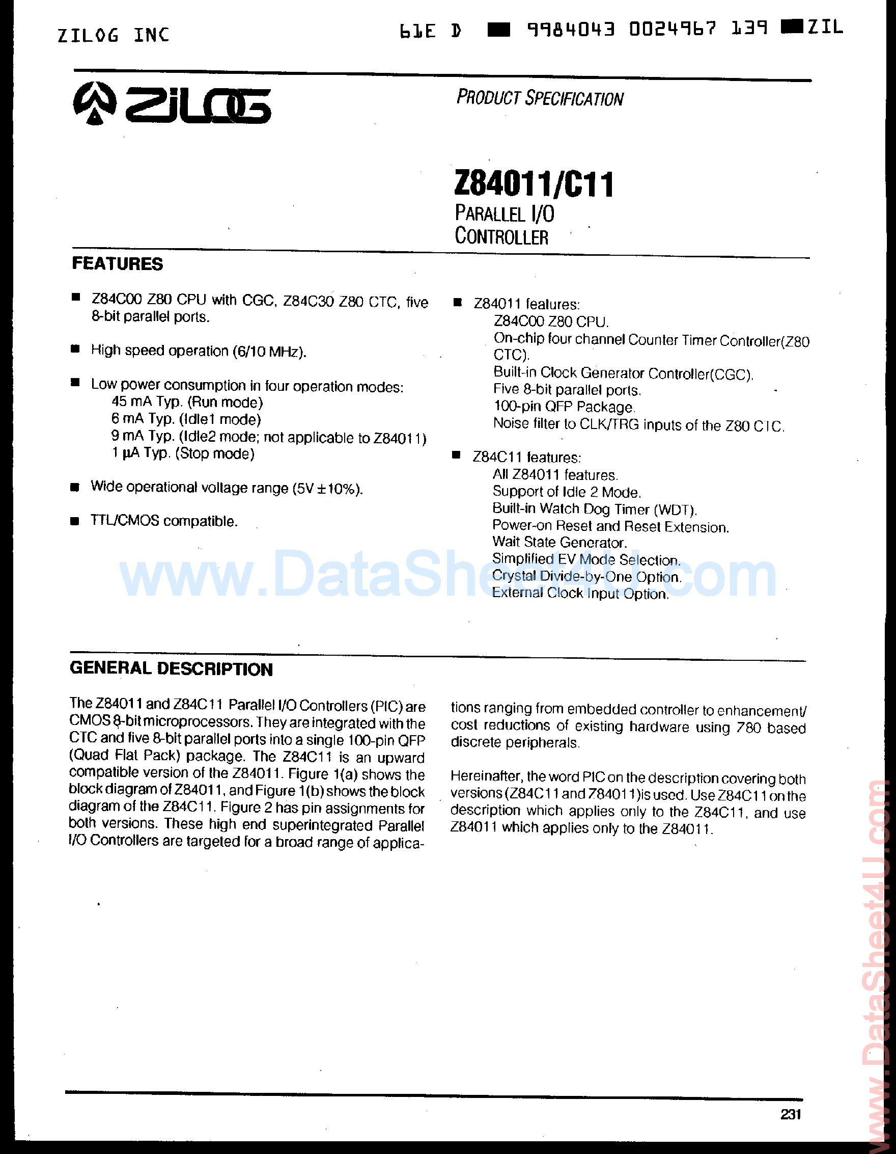 Datasheet Z84011 - Parallel I/O Controller page 1
