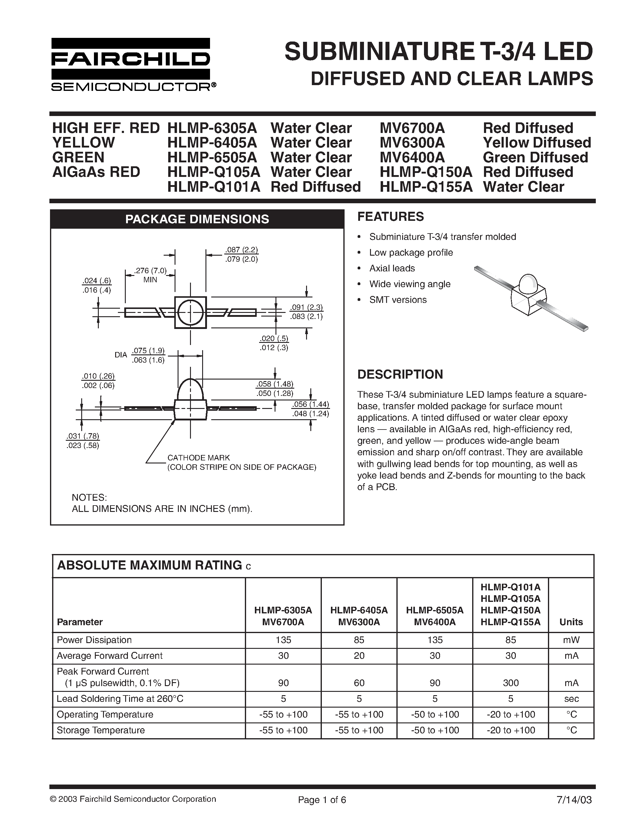 Datasheet MV6300A - (MV6x00A) SUBMINIATURE T-3/4 LED DIFFUSED and CLEAR LAMPS page 1