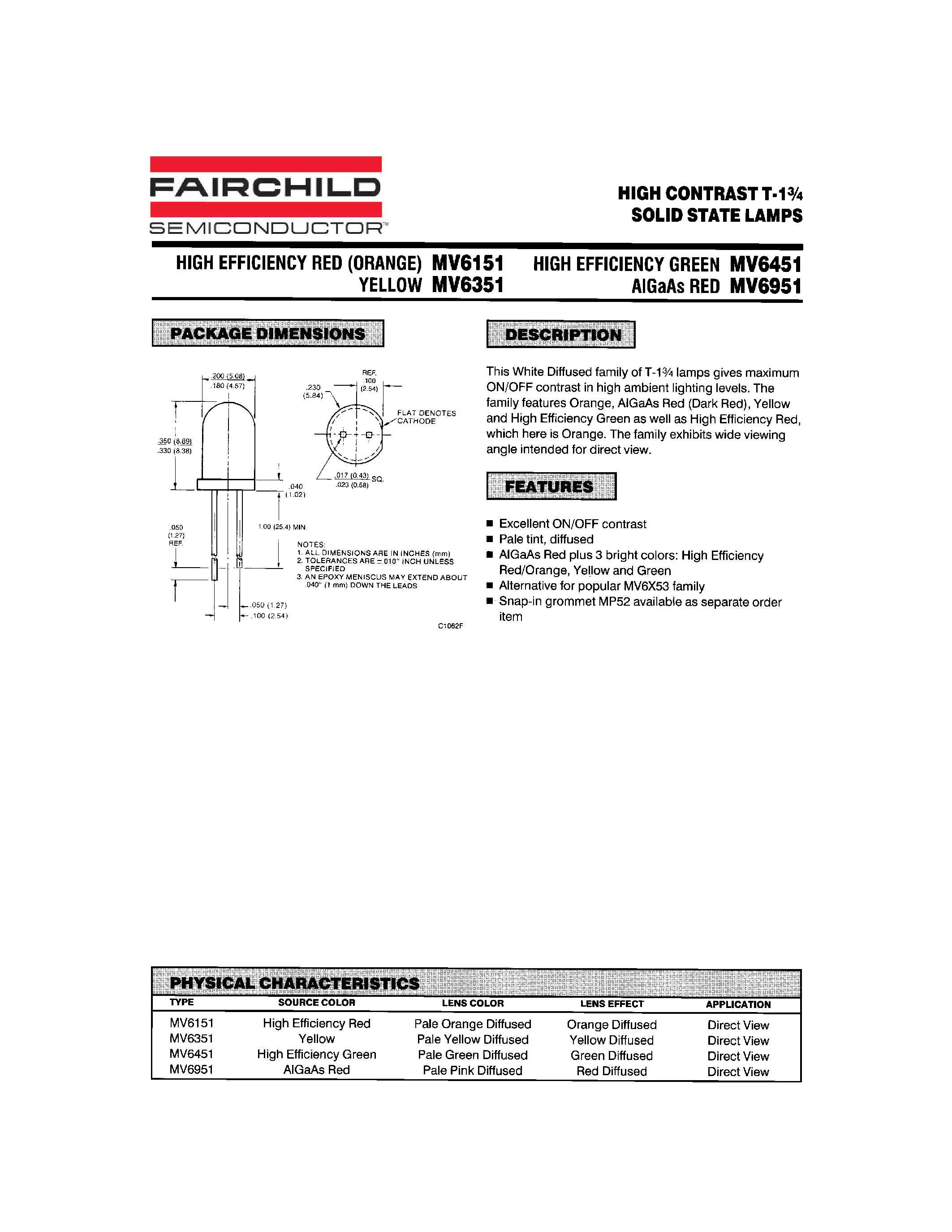 Datasheet MV6151 - (MV6xxx) HIGH CONTRAST T-1 SOLID STATE LAMPS page 1