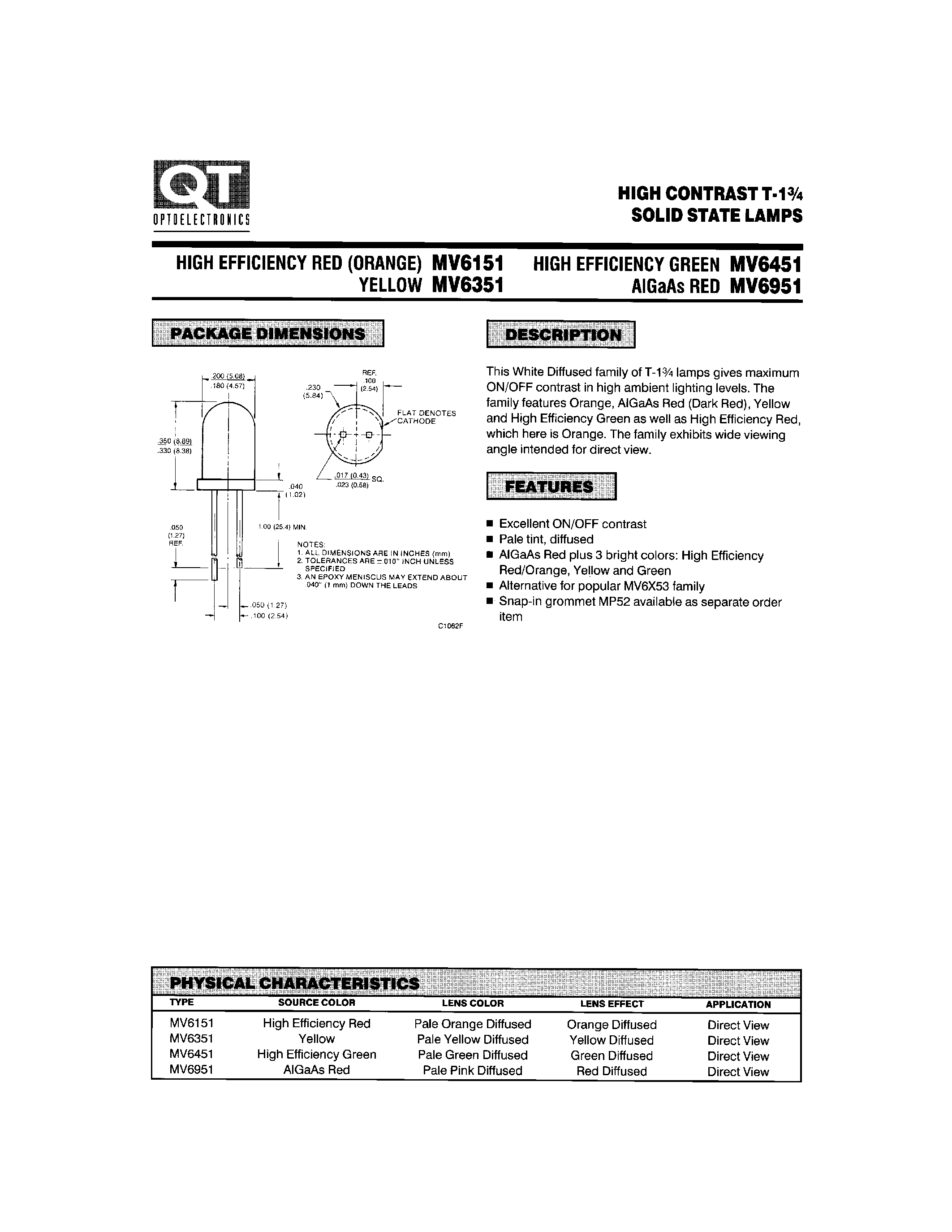 Datasheet MV6151 - (MV6xxx) HIGH CONTRAST T-13/4 SOLID STATE LAMPS page 1