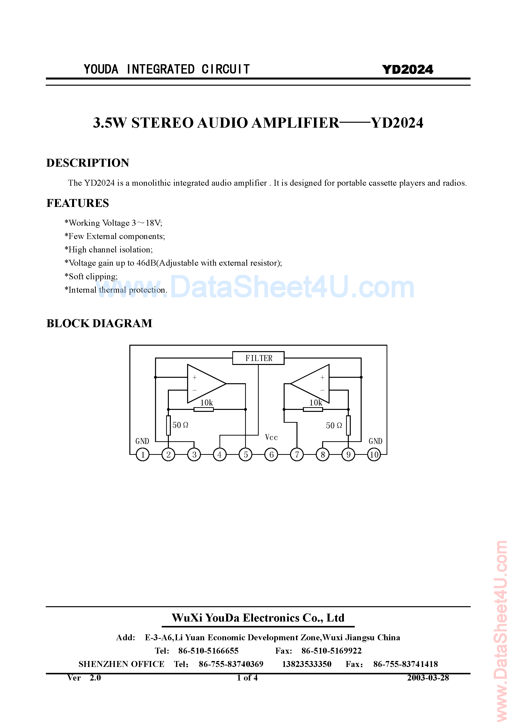 Datasheet YD2024 - 3.5W Stereo Audio Amplifier page 1