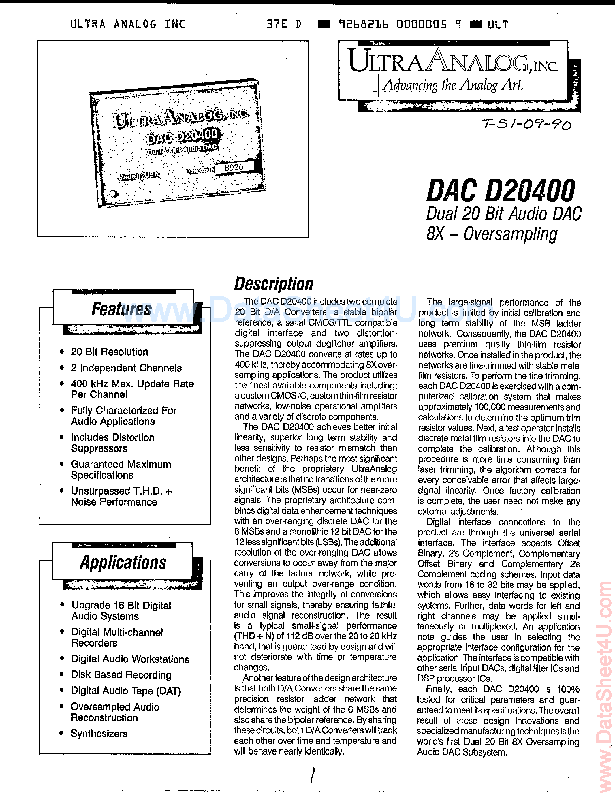 Datasheet D20400 - Dual 20-Bit Audio DAC page 1