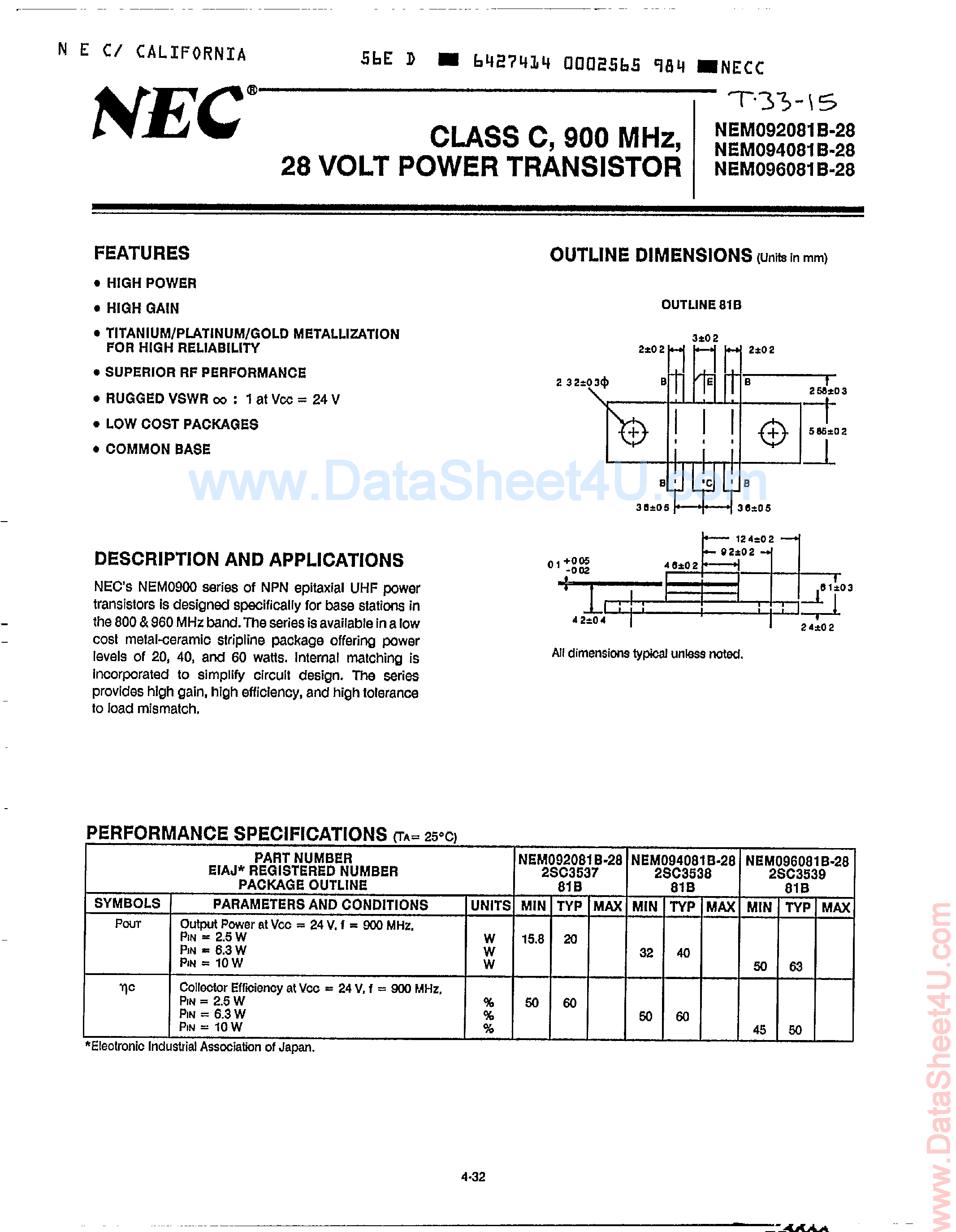Даташит 2SC3537 - (2SC3537 - 2SC3539) 28 Volt Power Transistor страница 1