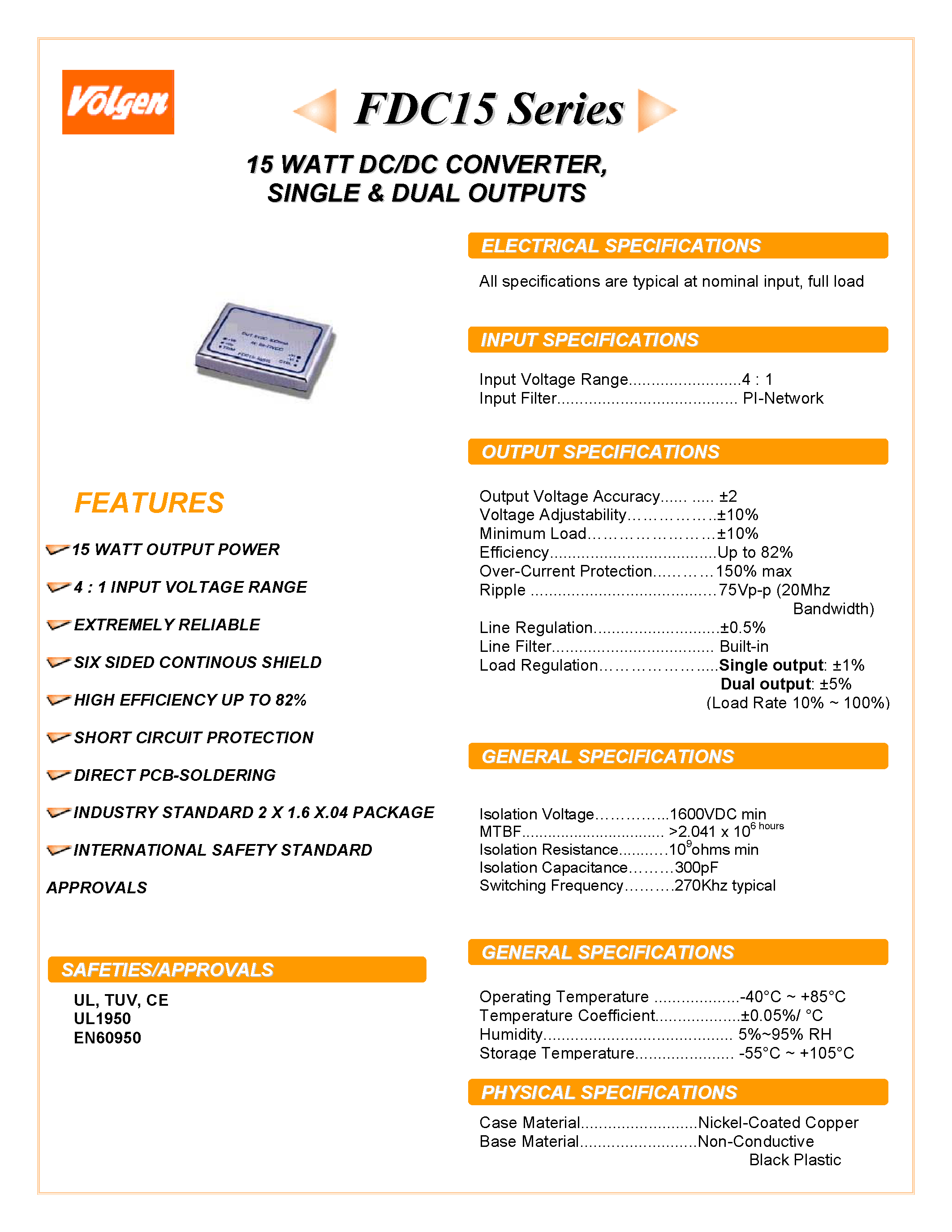 Datasheet FDC15 - 15 WATT DC/DC CONVERTER / SINGLE & DUAL OUTPUTS page 1