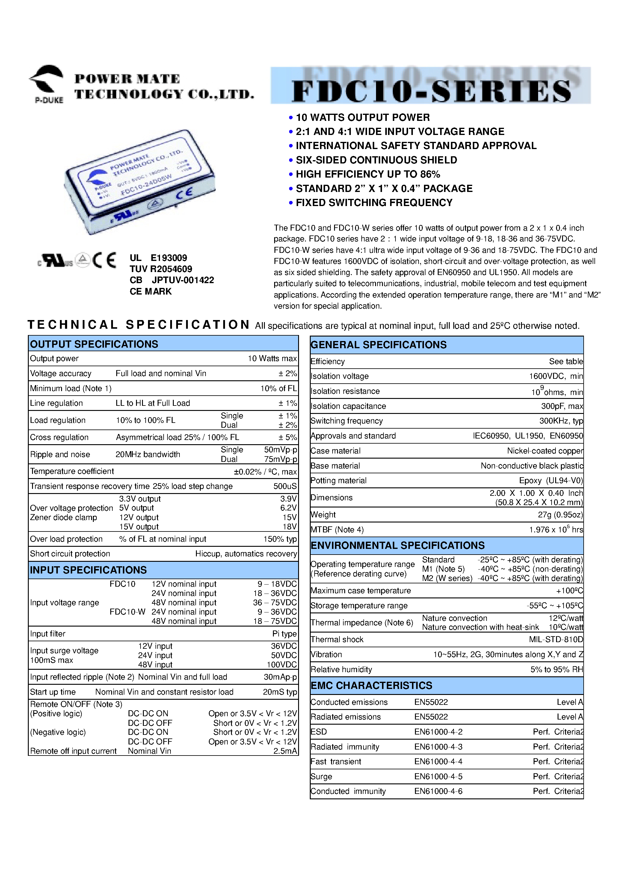 Datasheet FDC10 - 10 watts of output power from a 2 x 1 x 0.4 inch package page 1