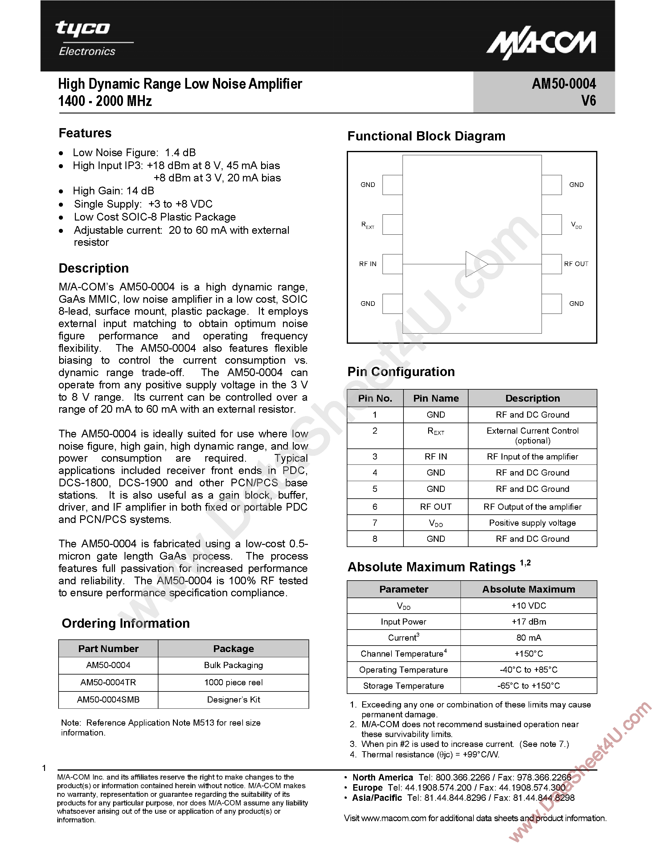 Datasheet AM50-0004V6 - High Dynamic Range Low Noise Amplifier page 1