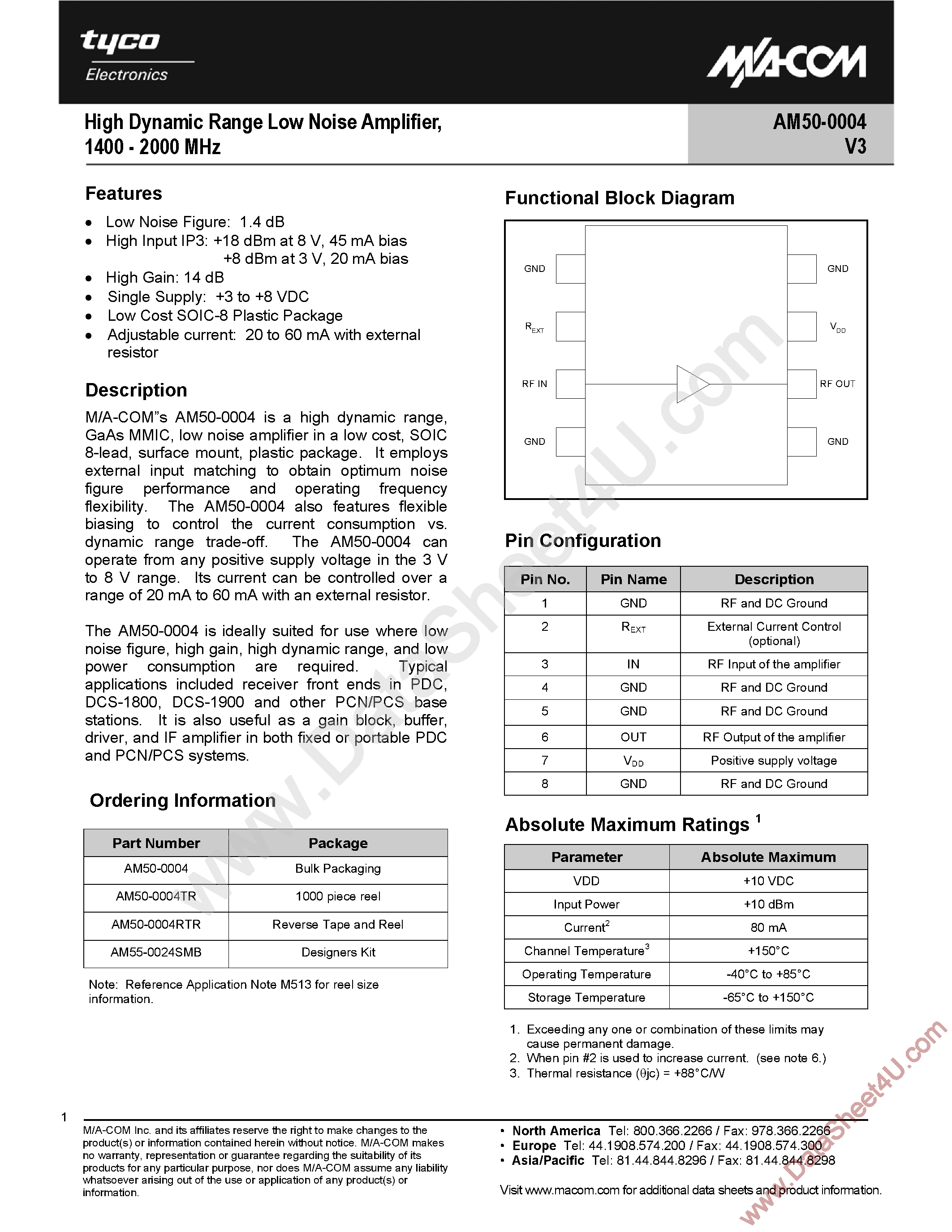 Datasheet AM50-0004V3 - High Dynamic Range Low Noise Amplifier page 1