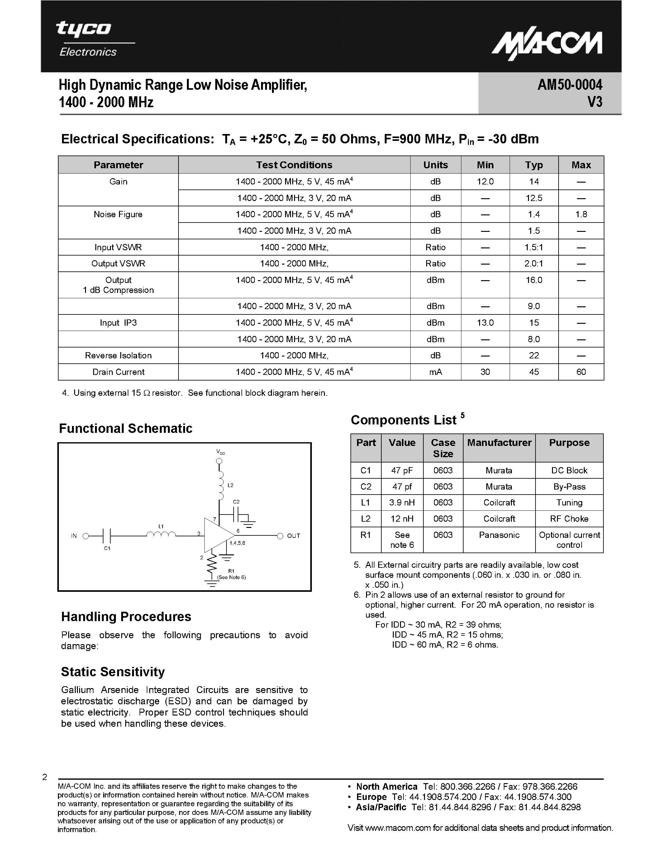 Datasheet AM50-0004V3 - High Dynamic Range Low Noise Amplifier page 2