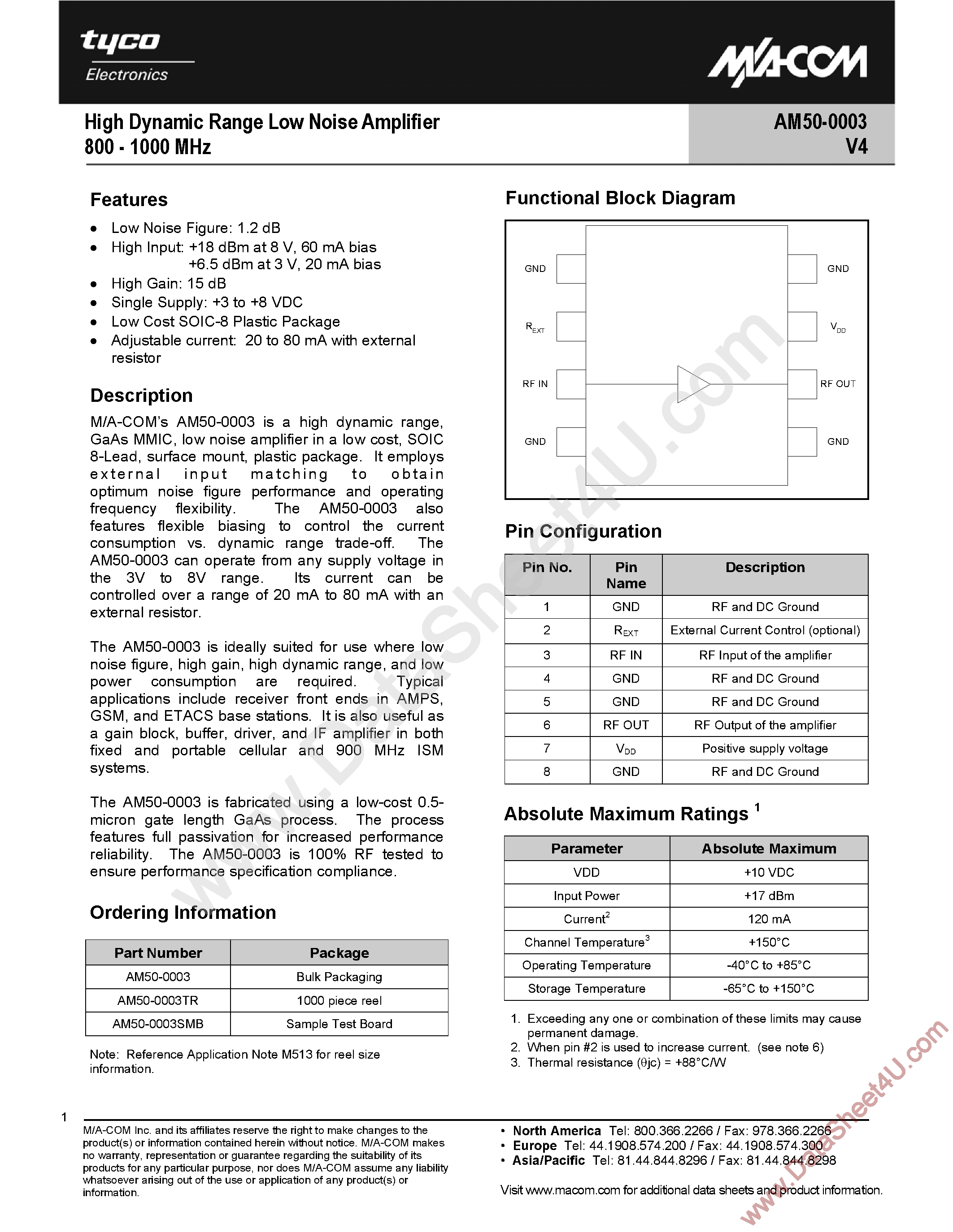 Datasheet AM50-0003V4 - High Dynamic Range Low Noise Amplifier page 1