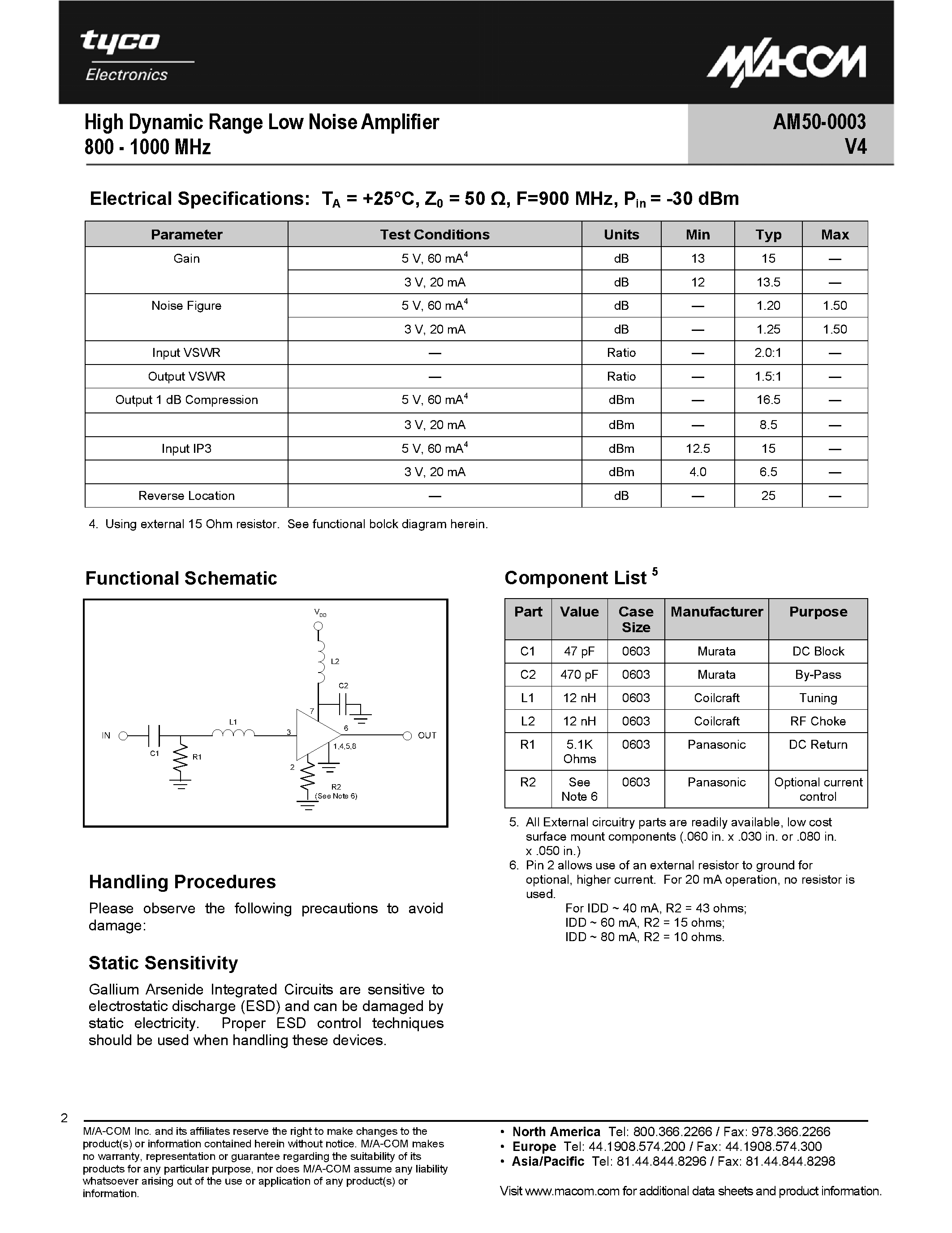 Datasheet AM50-0003V4 - High Dynamic Range Low Noise Amplifier page 2