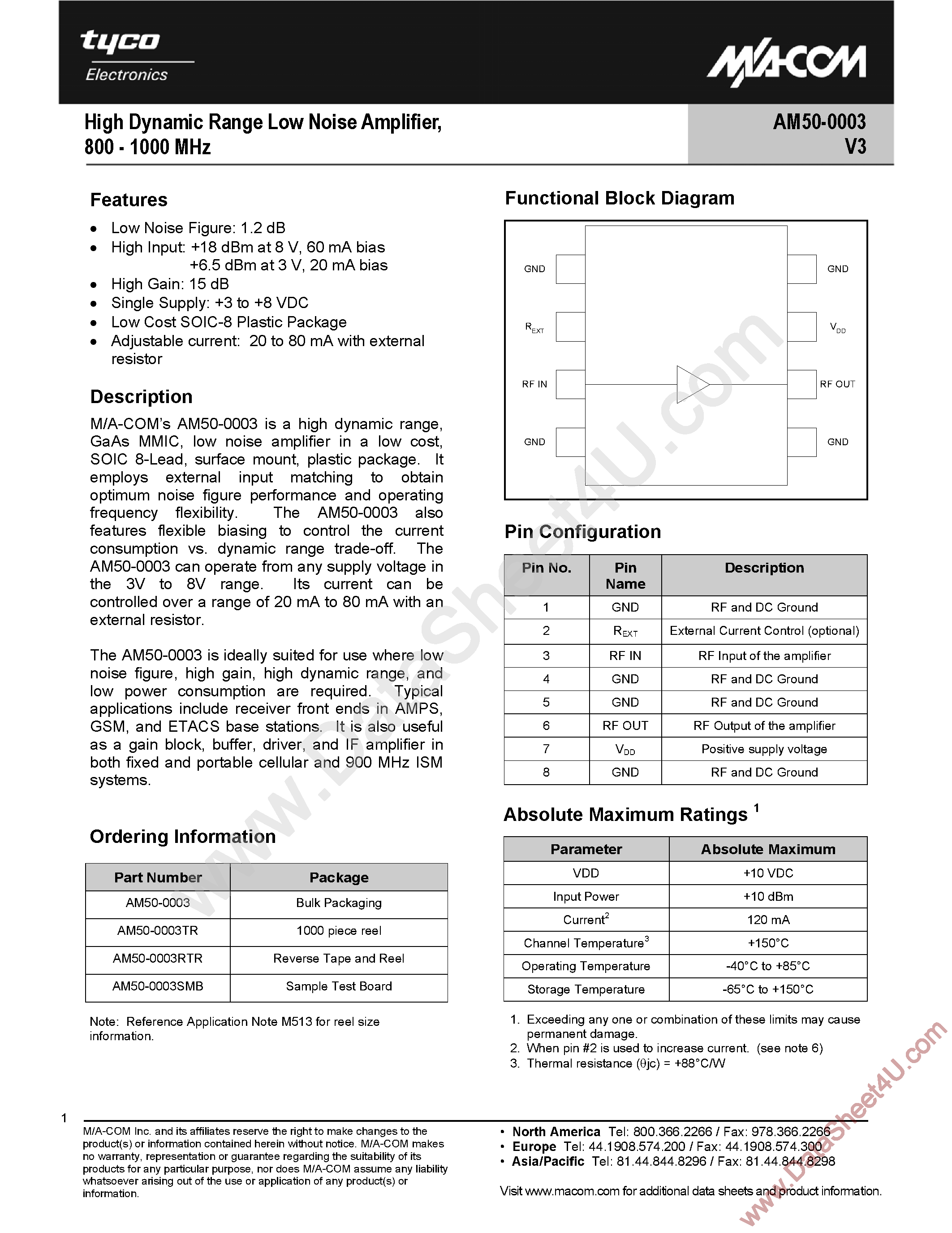 Datasheet AM50-0003V3 - High Dynamic Range Low Noise Amplifier page 1