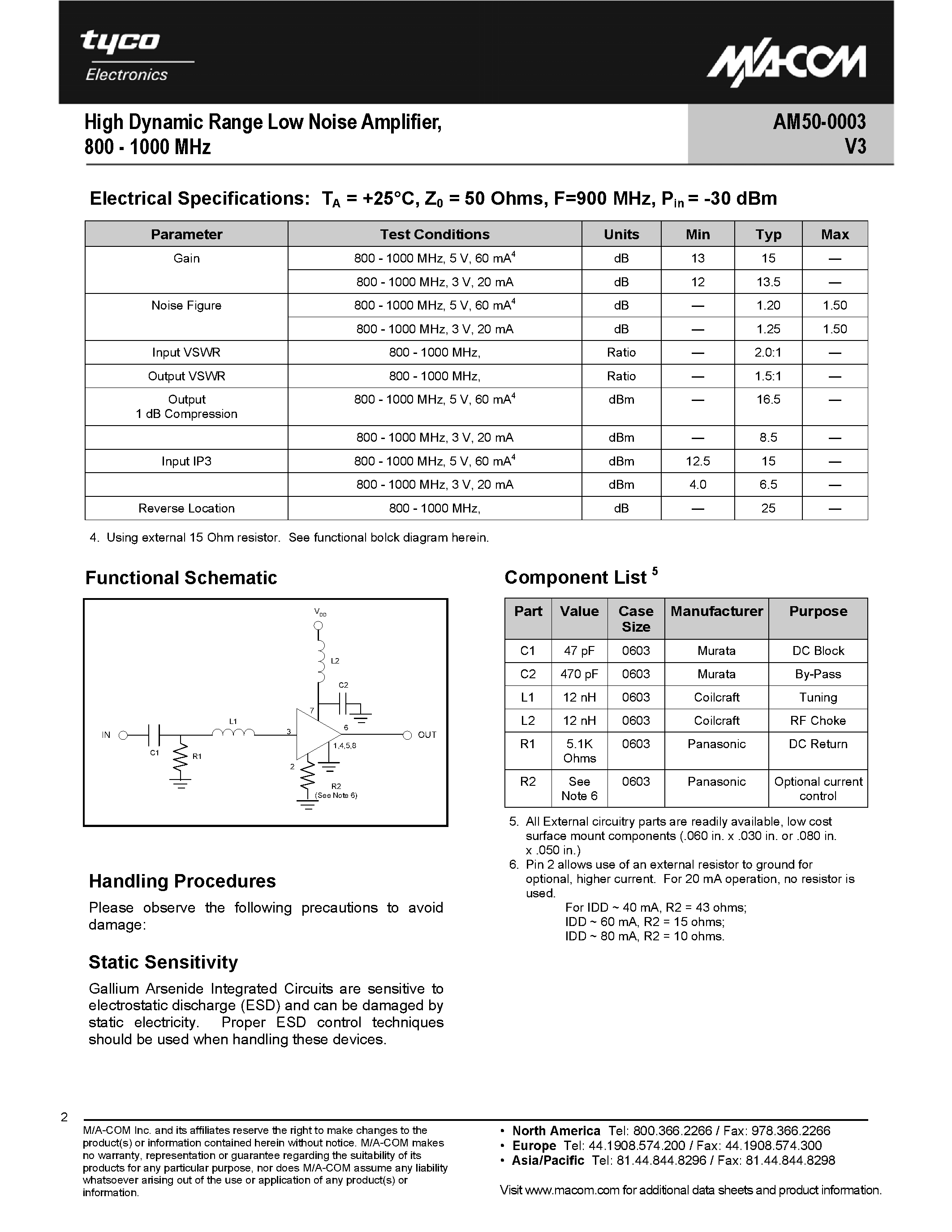 Datasheet AM50-0003V3 - High Dynamic Range Low Noise Amplifier page 2