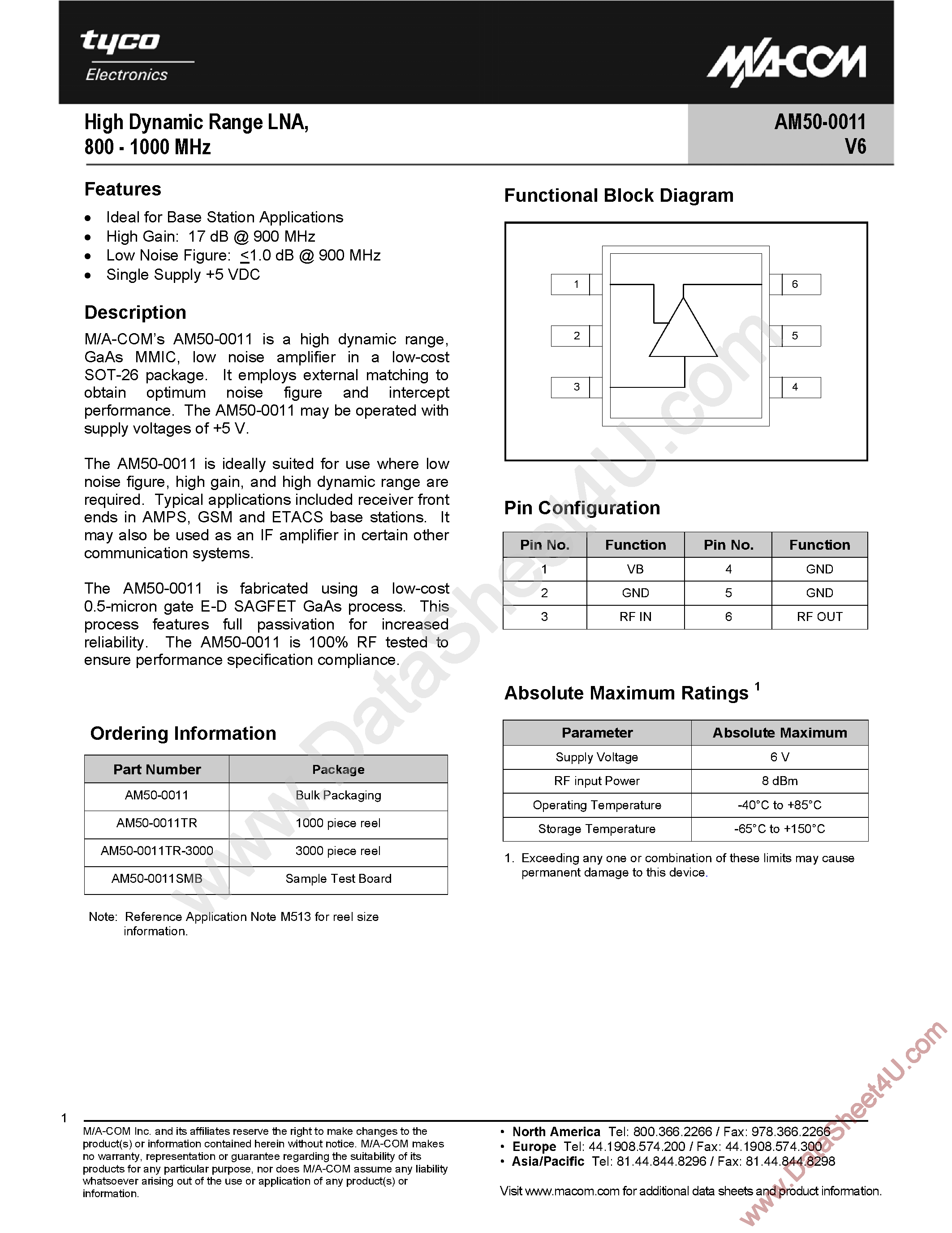 Datasheet AM50-0011V6 - High Dynamic Range Low Noise Amplifier page 1