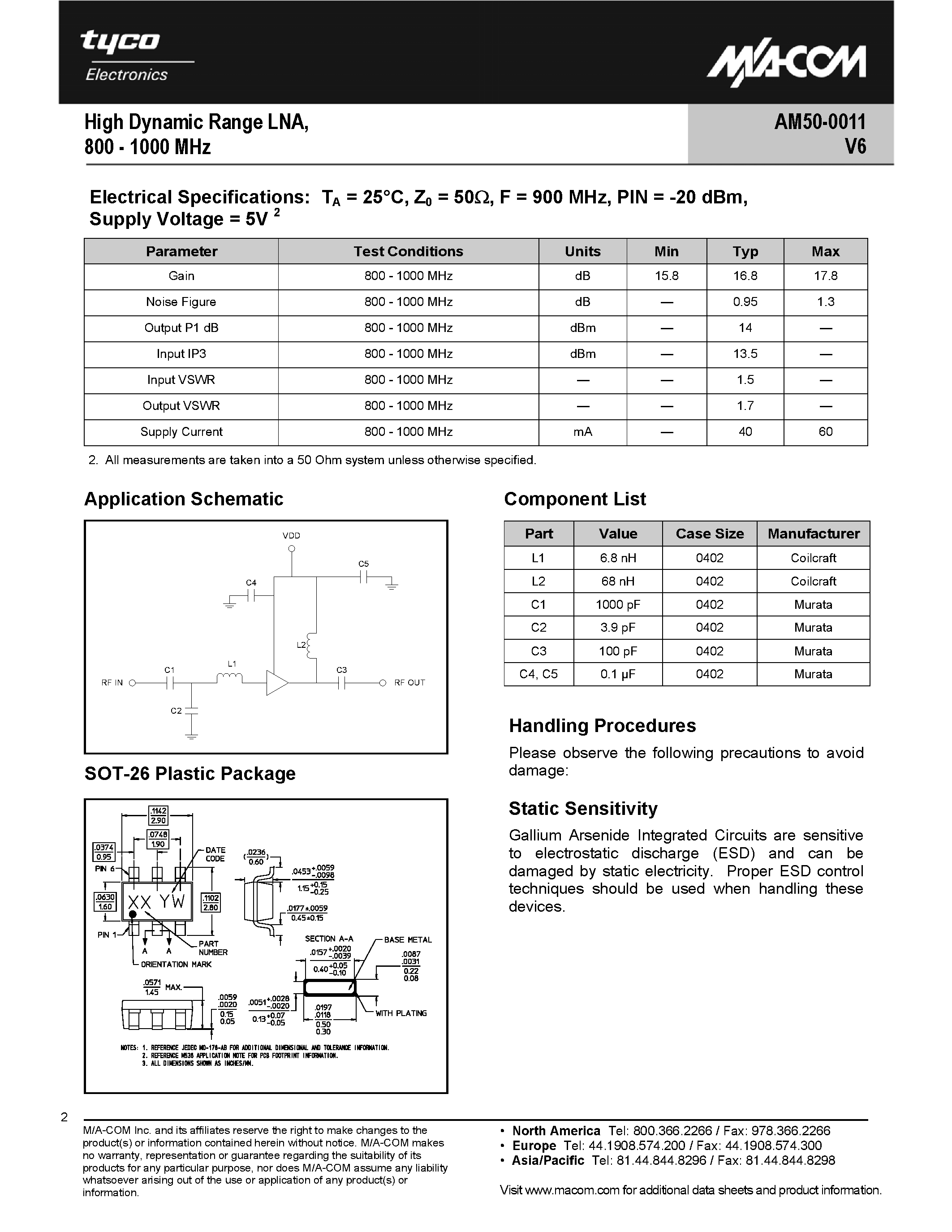 Datasheet AM50-0011V6 - High Dynamic Range Low Noise Amplifier page 2