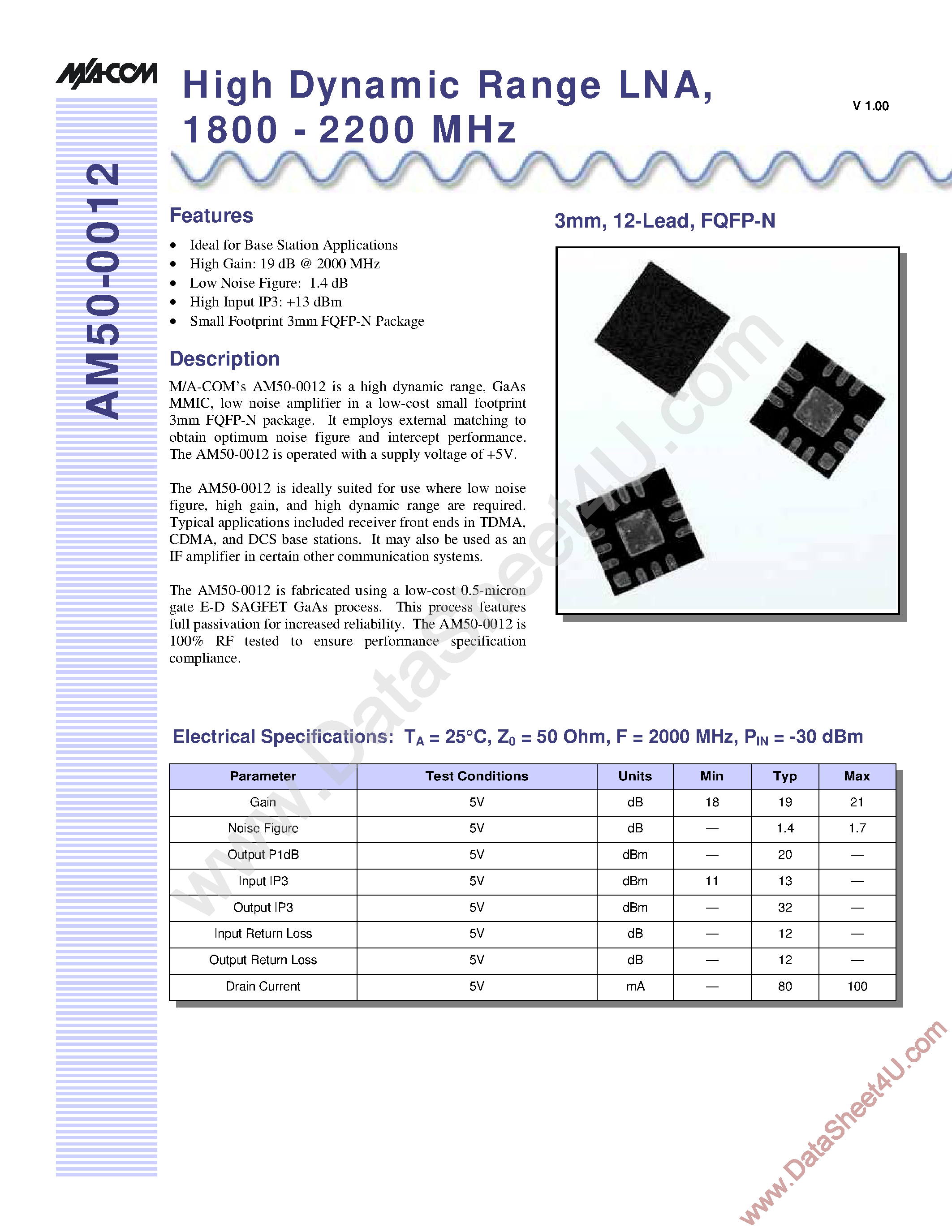 Даташит AM50-0012 - High Dynamic Range Low Noise Amplifier страница 1