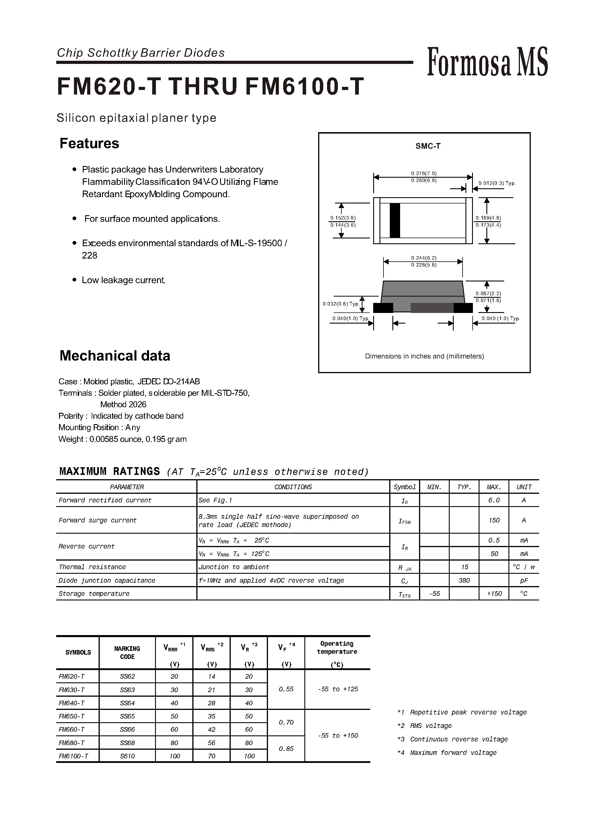 Datasheet FM6100-T - (FM620-T - FM6100-T) Chip Schottky Barrier Diodes - Silicon epitaxial planer type page 1