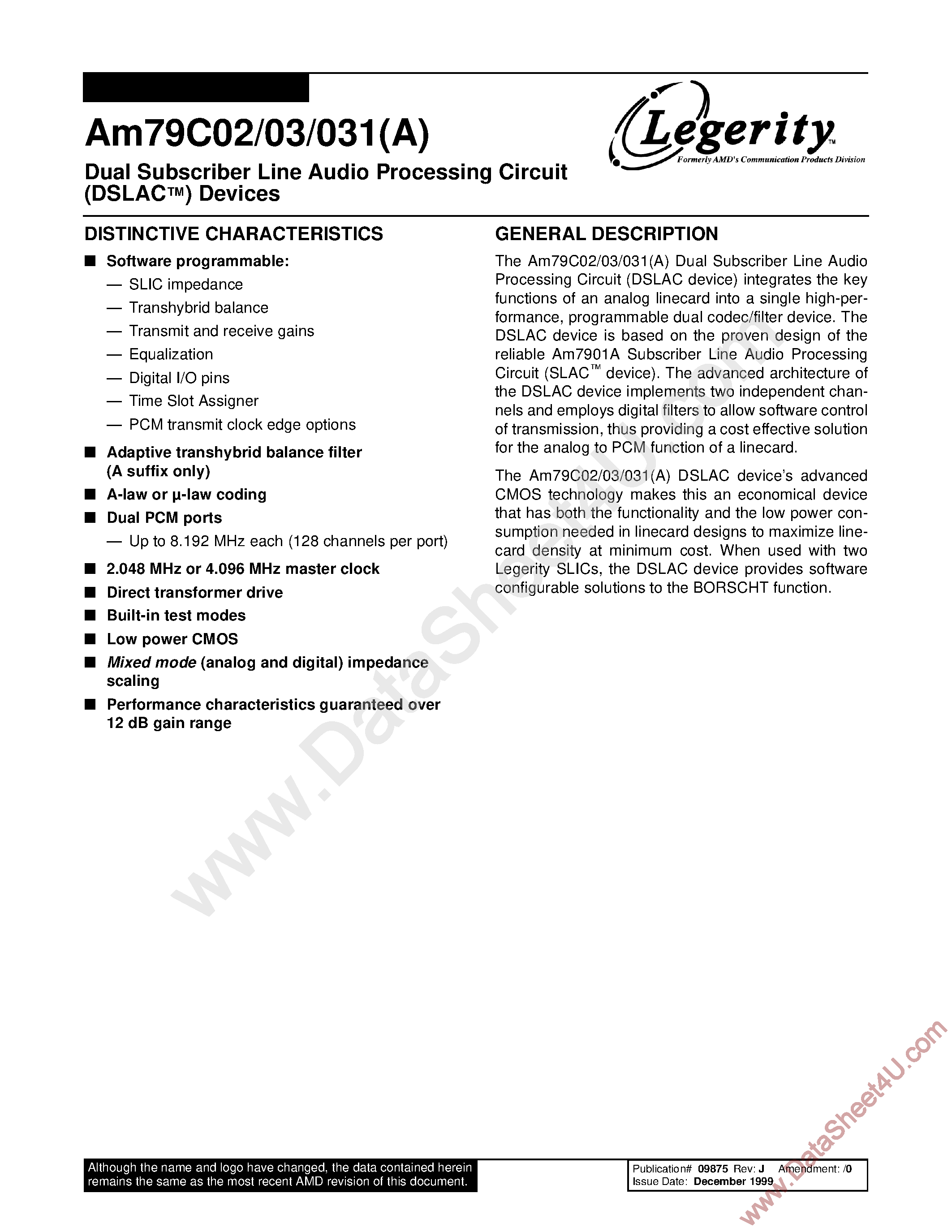 Datasheet AM79C02 - (AM79C02/03/031) Dual Subscriber Line Audio Processing Circuit Devices page 1