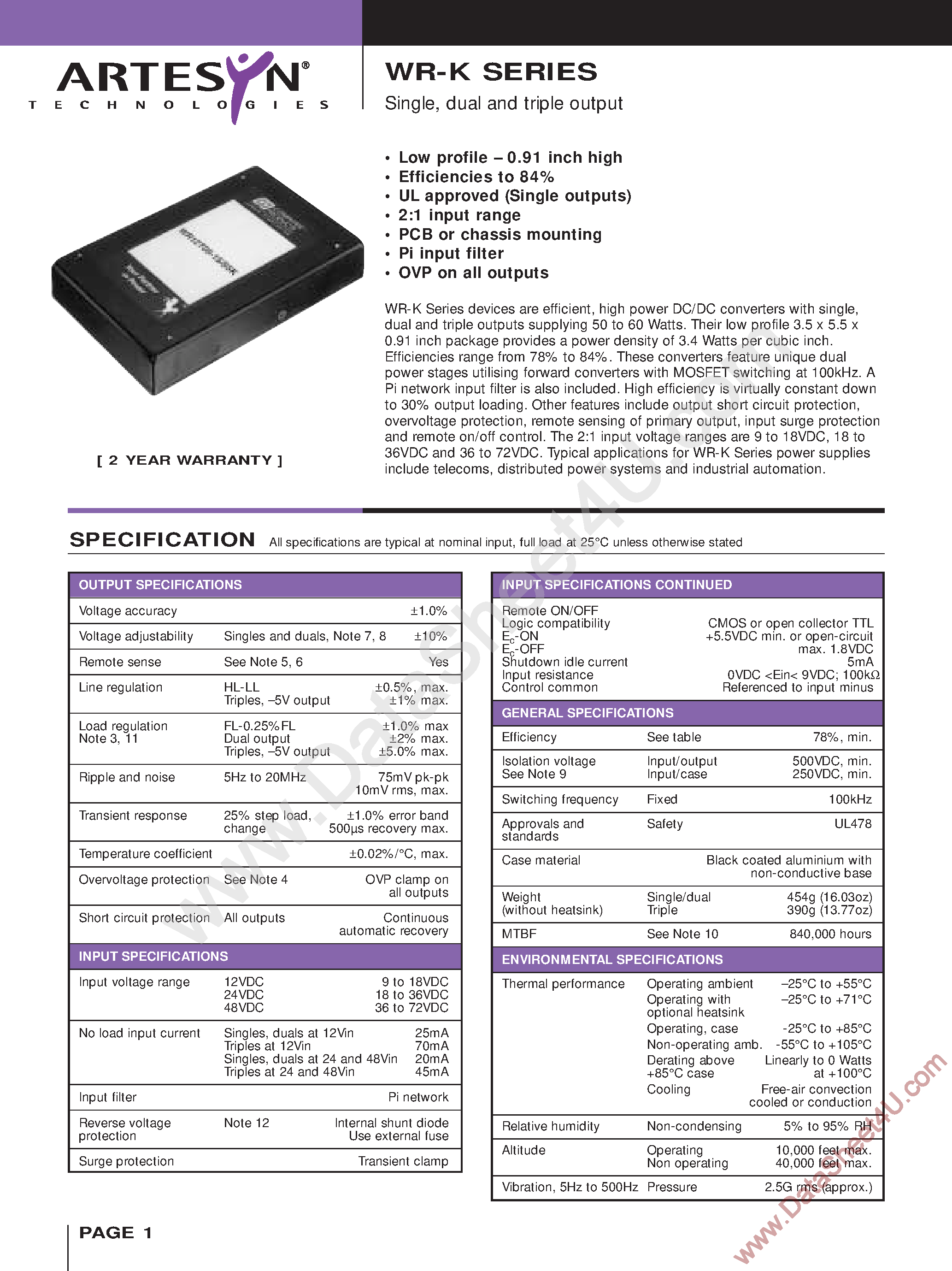 Datasheet WR24D05-12/55K - (WR24xxx) WR-K Series / Single and Dual and Triple output page 1
