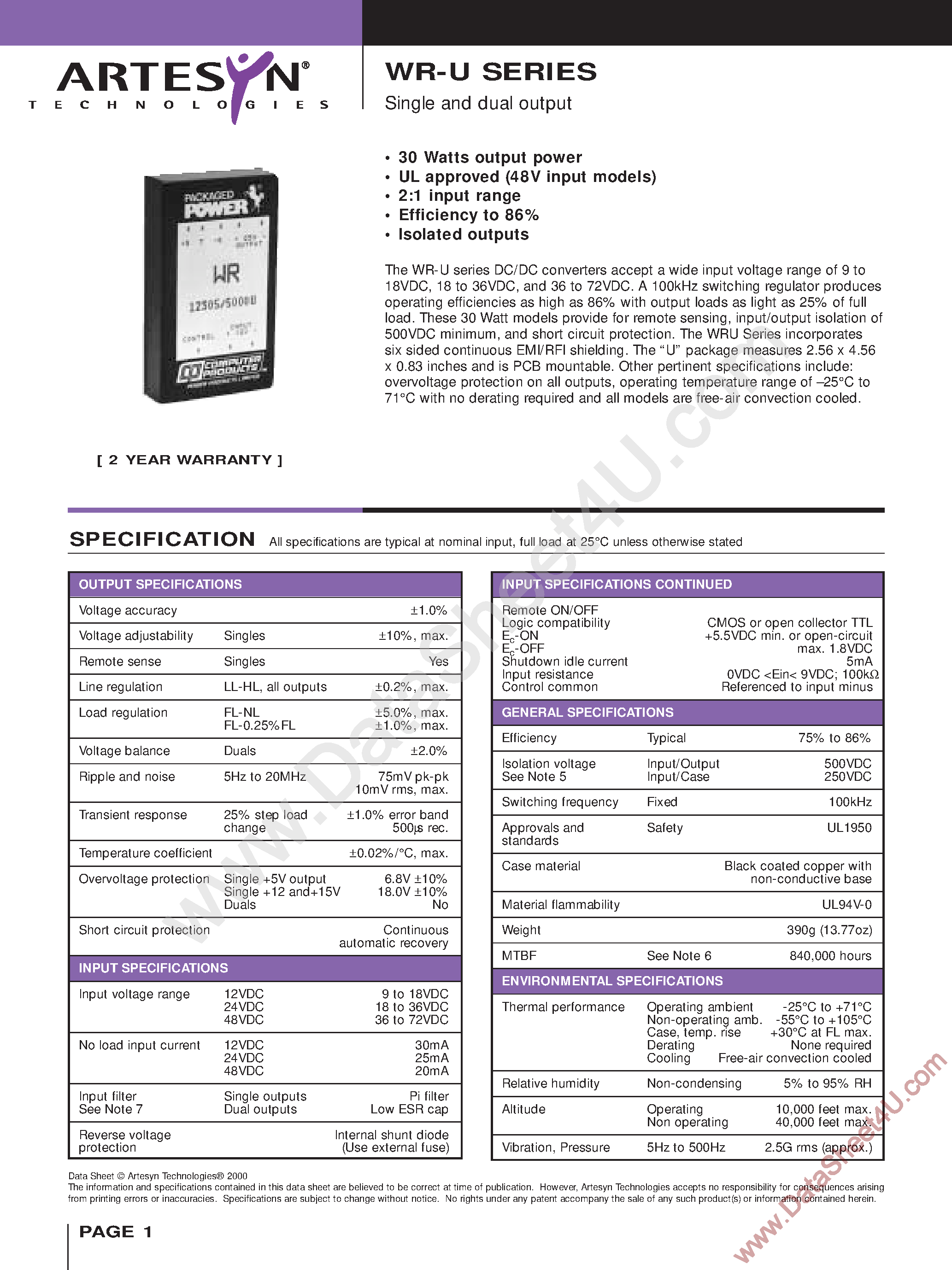 Даташит WR24D12/1250U - (WR24xxx) WR-U Series / Single and Dual Output страница 1