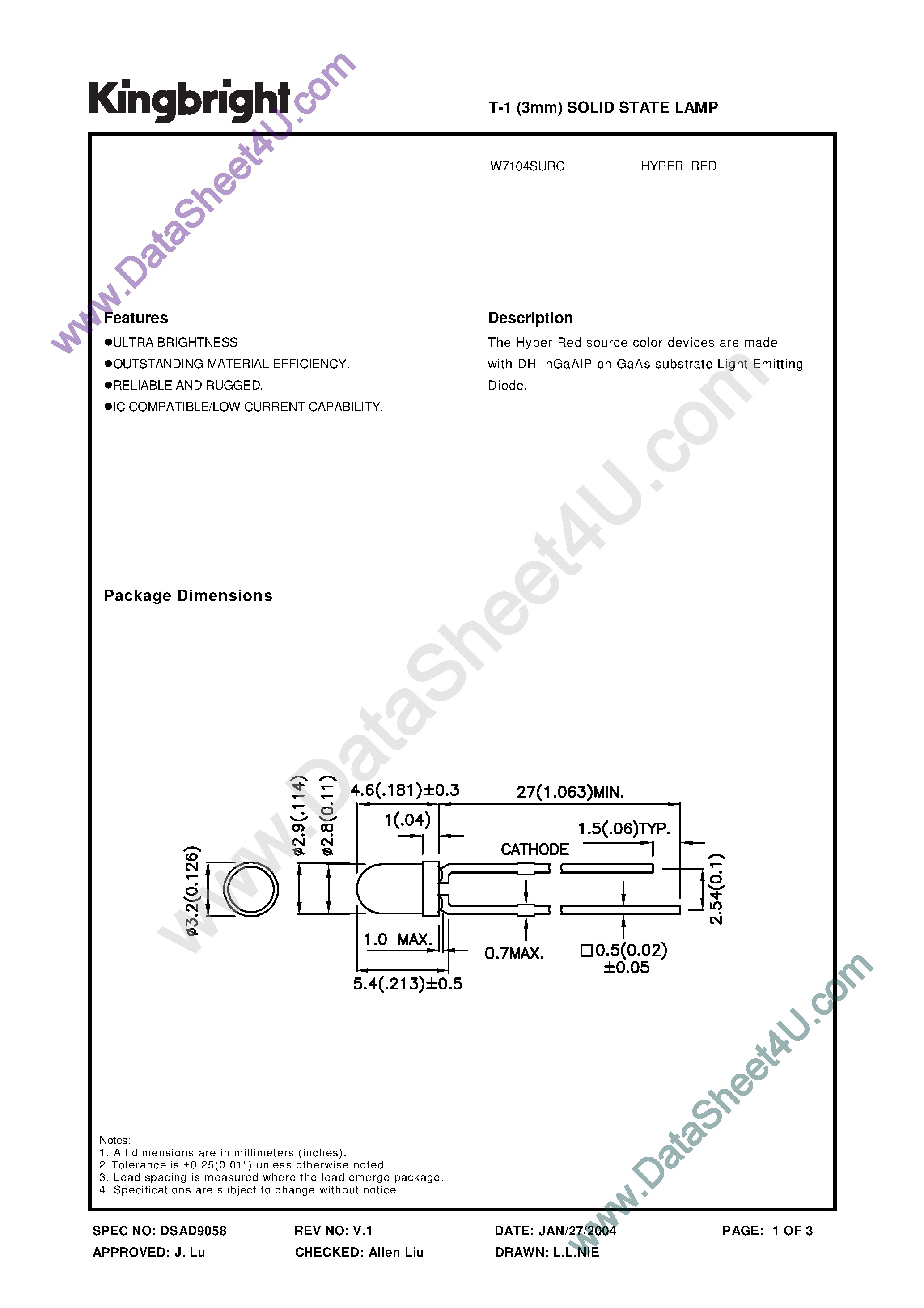 Datasheet W7104SURC - T-1 Solid State Lamp page 1