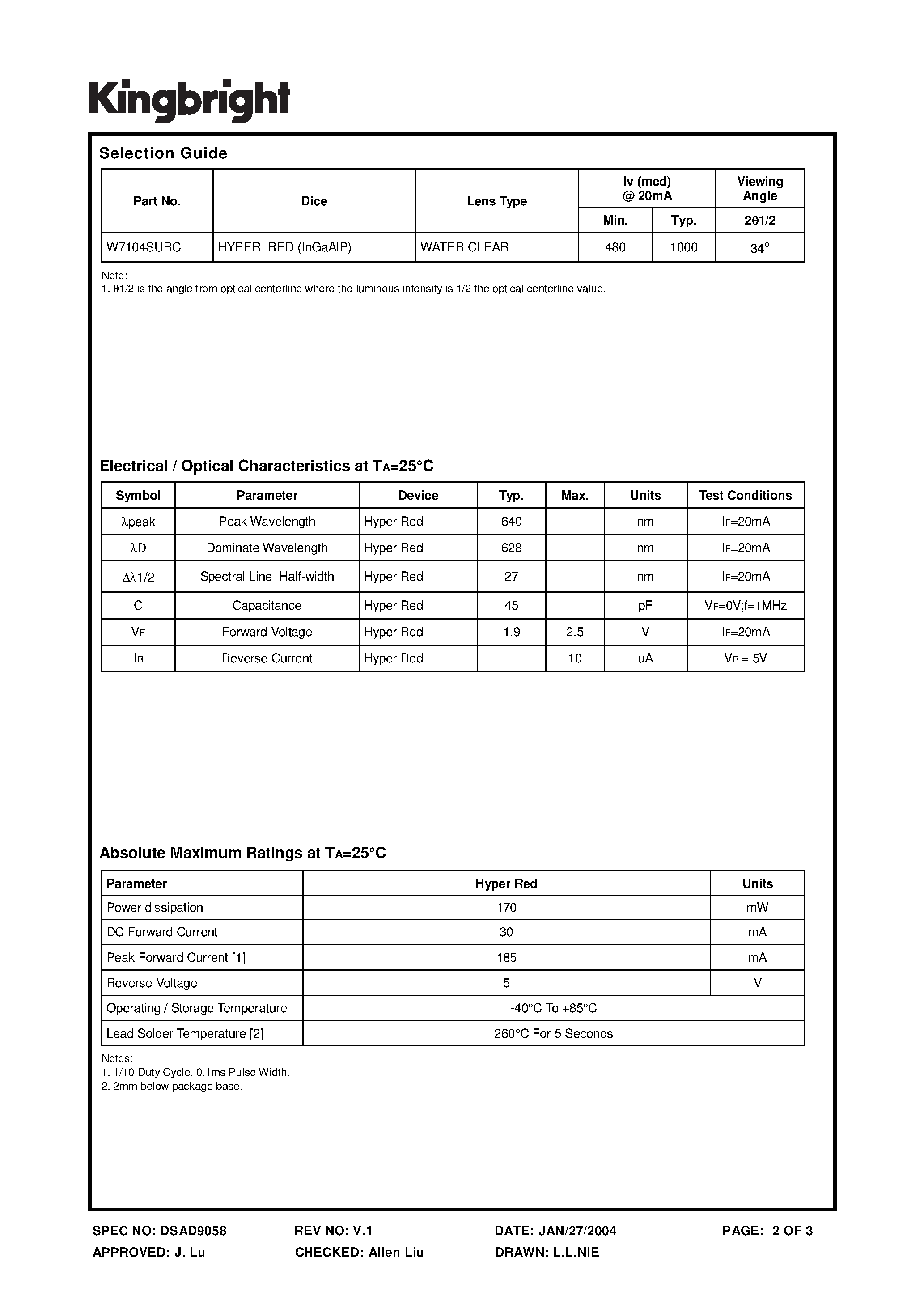 Datasheet W7104SURC - T-1 Solid State Lamp page 2