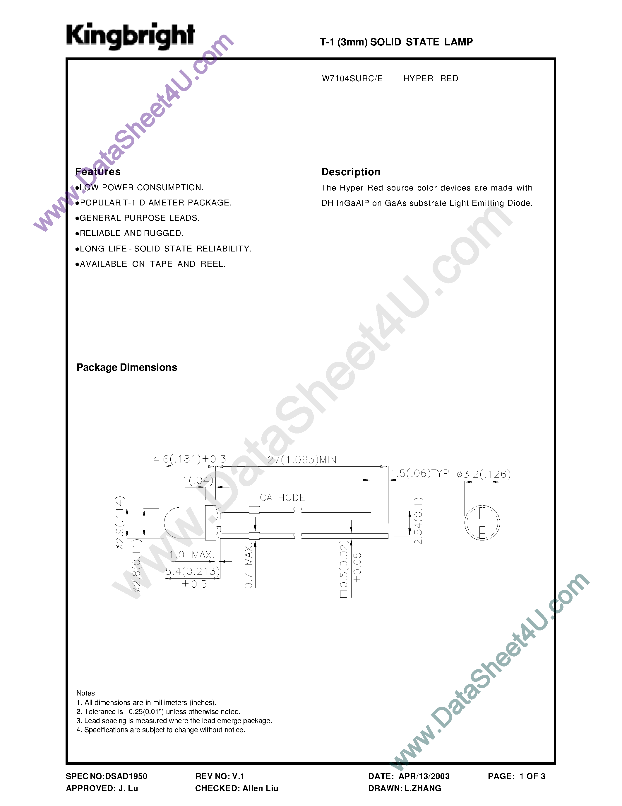 Datasheet W7104SURE - (W7104SURC/E) T-1 Solid State Lamp page 1