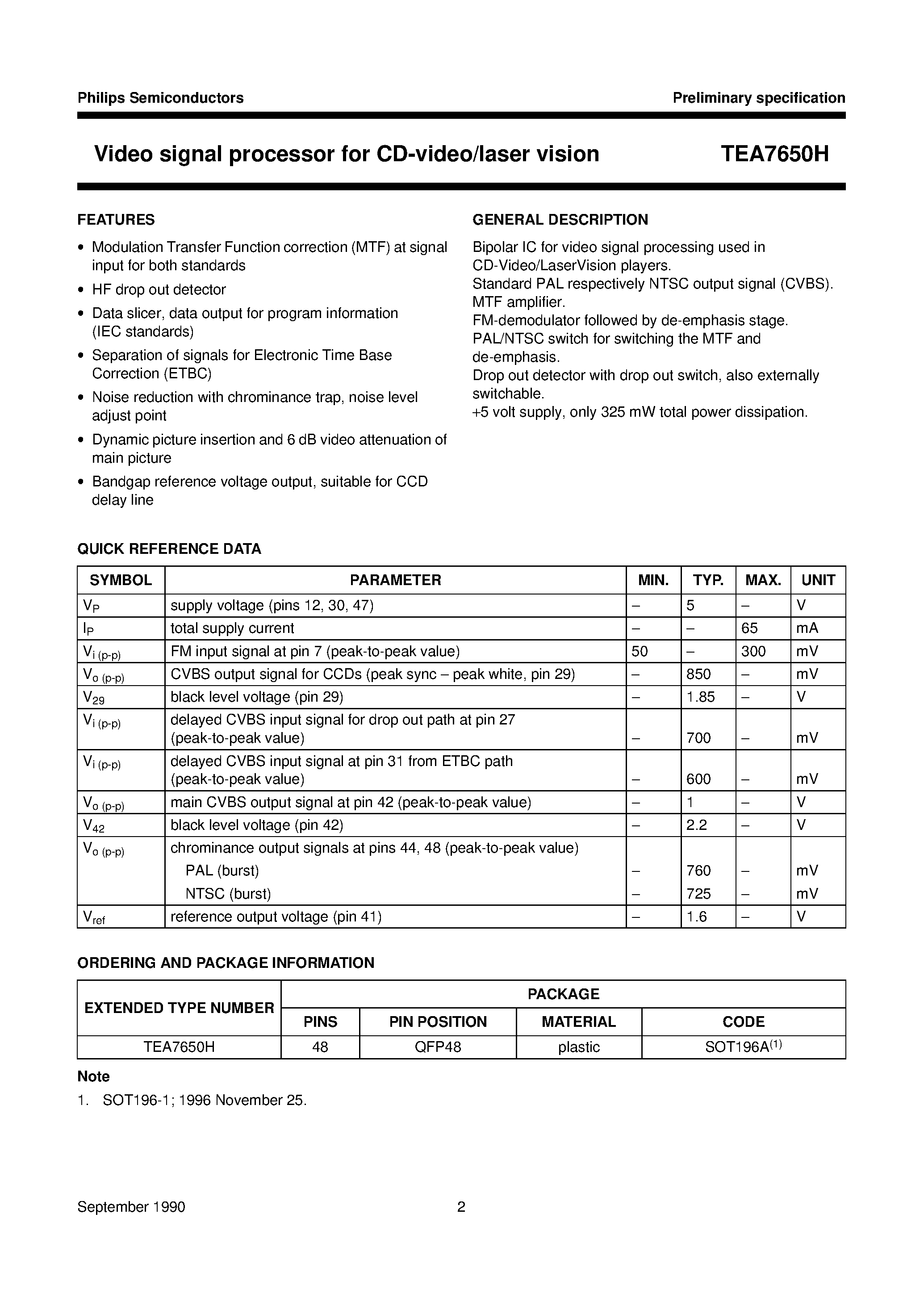 Datasheet TEA7650H - Video signal processor for CD-video/laser vision page 2