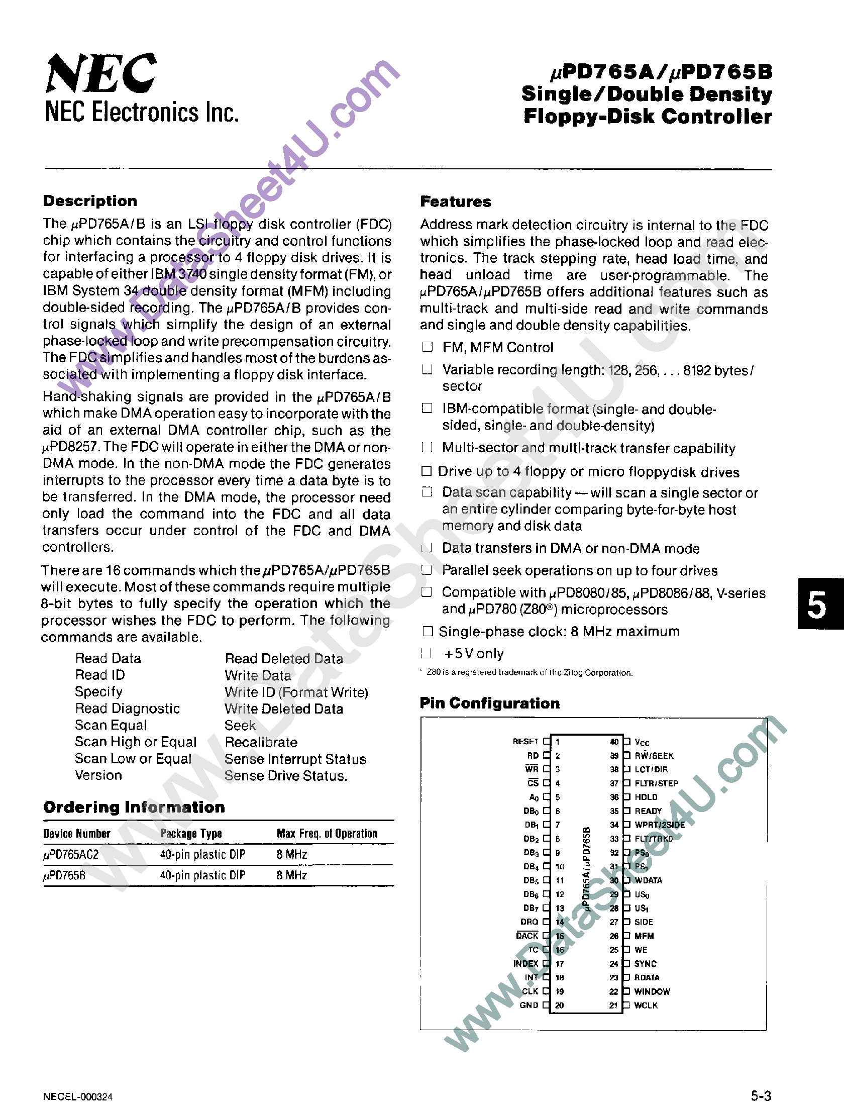 Datasheet UPD765A - (UPD765A/B) Single / Double Density Floppy-Disk Controller page 1