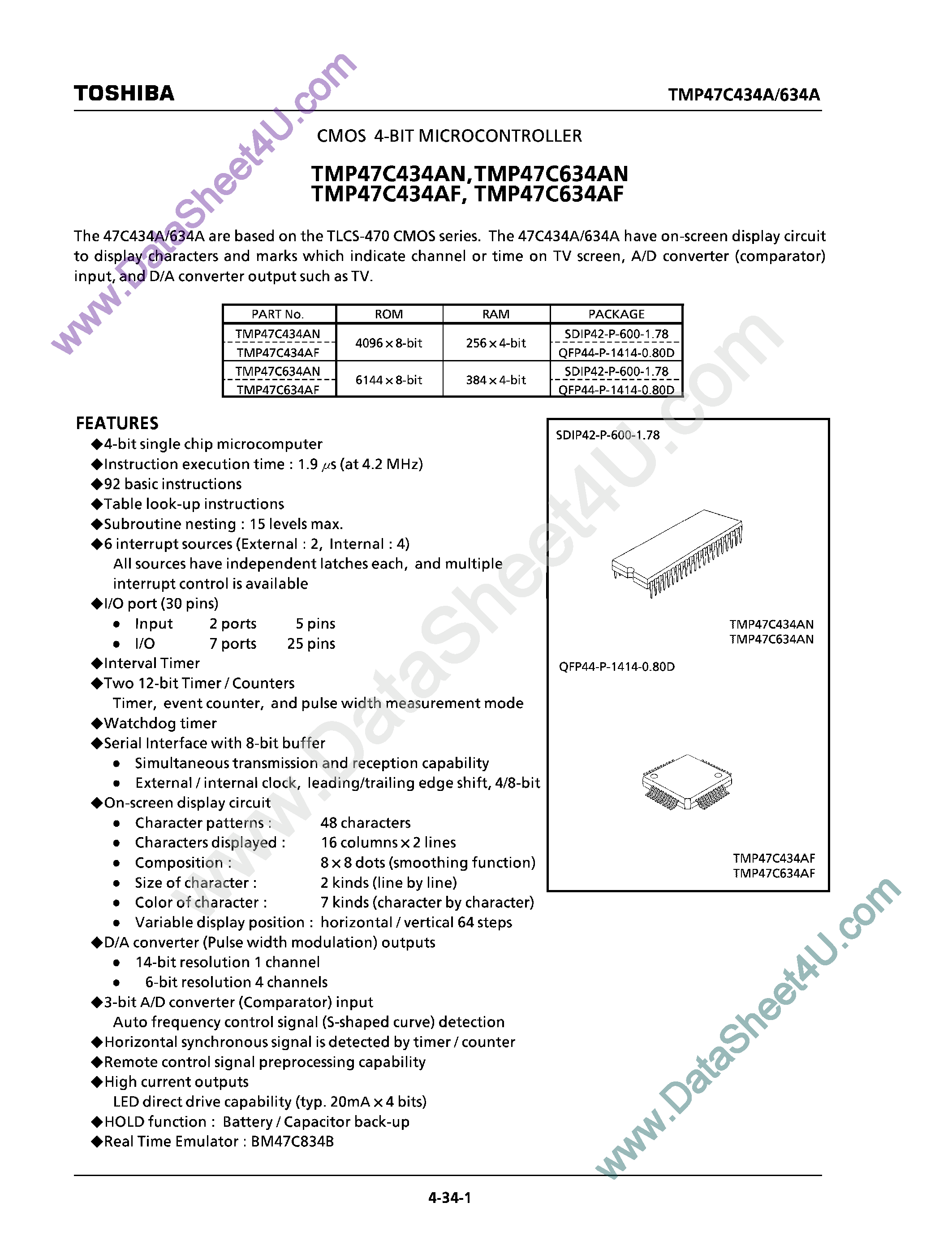 Даташит TMP47C434AF - (TMP47C434AN/AF / TMP47C634AN/AF) CMOS 4-Bit Microcontroller страница 1