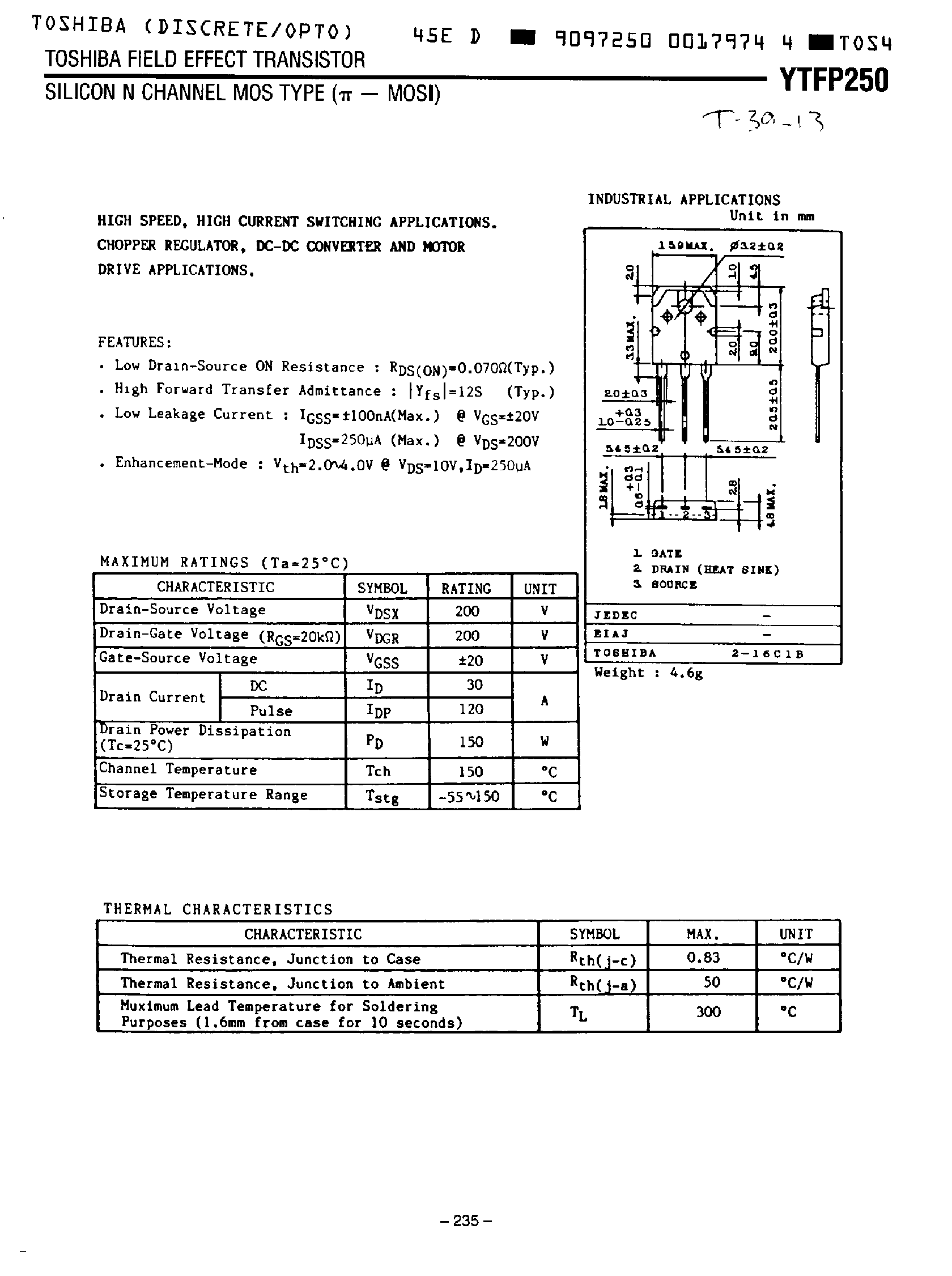 Datasheet YTFP250 - SILICON N CHANNEL MOS TYPE (PI - MOSI) page 1