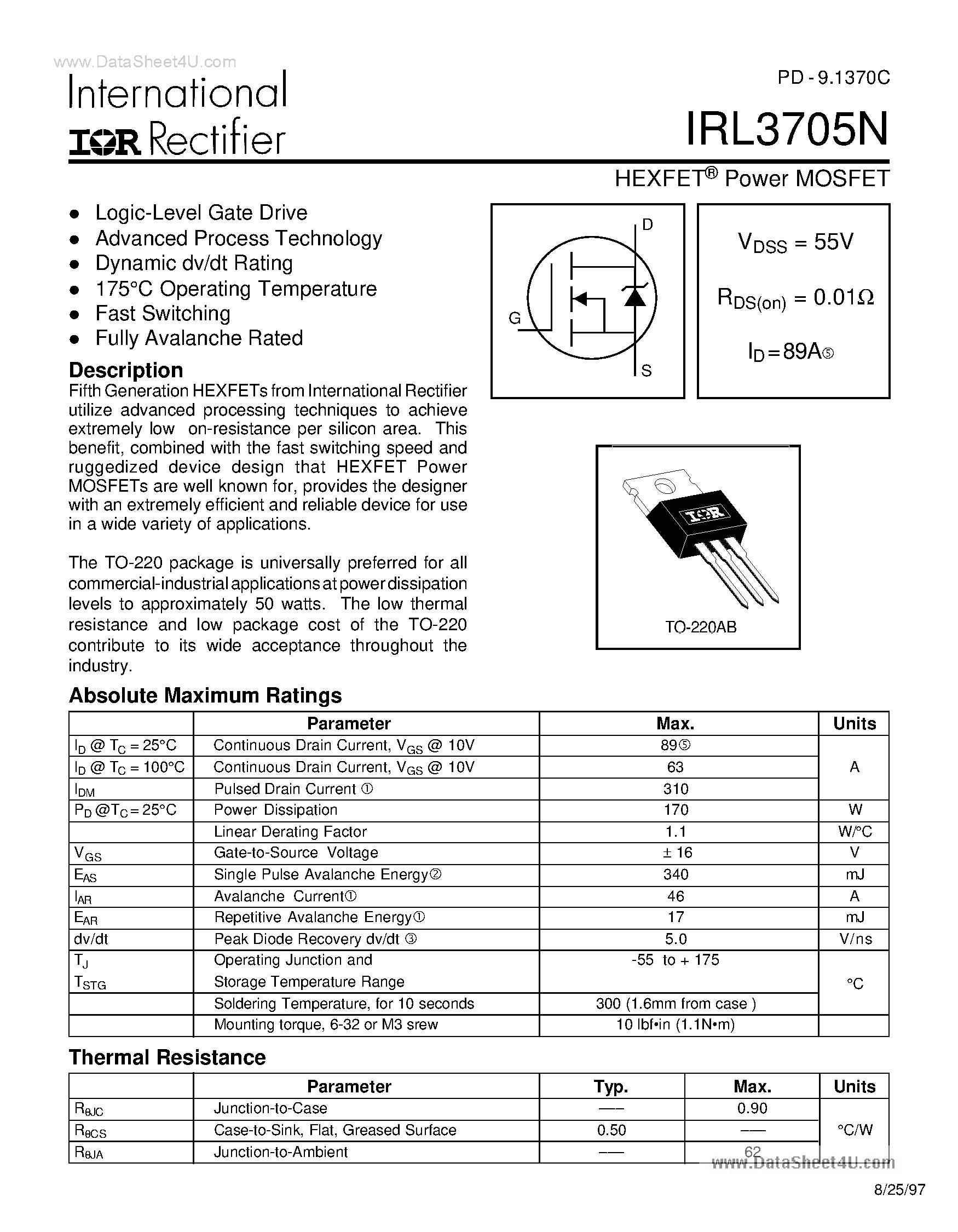 Datasheet L3705N - Search -----> IRL3705N page 1