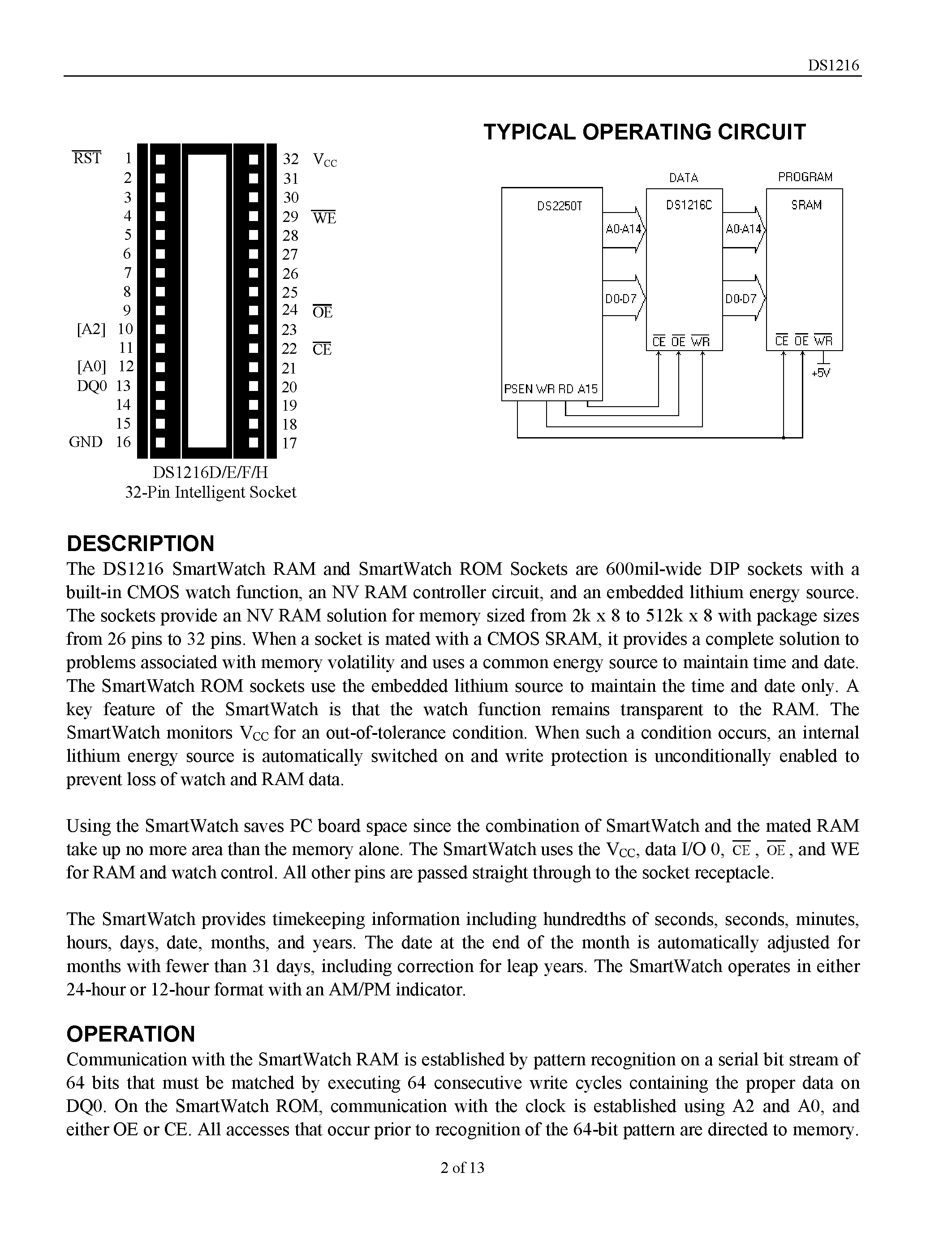 Datasheet DS1216 - SmartWatch RAM DS1216B/C/D/H SmartWatch ROM DS1216E/F page 2