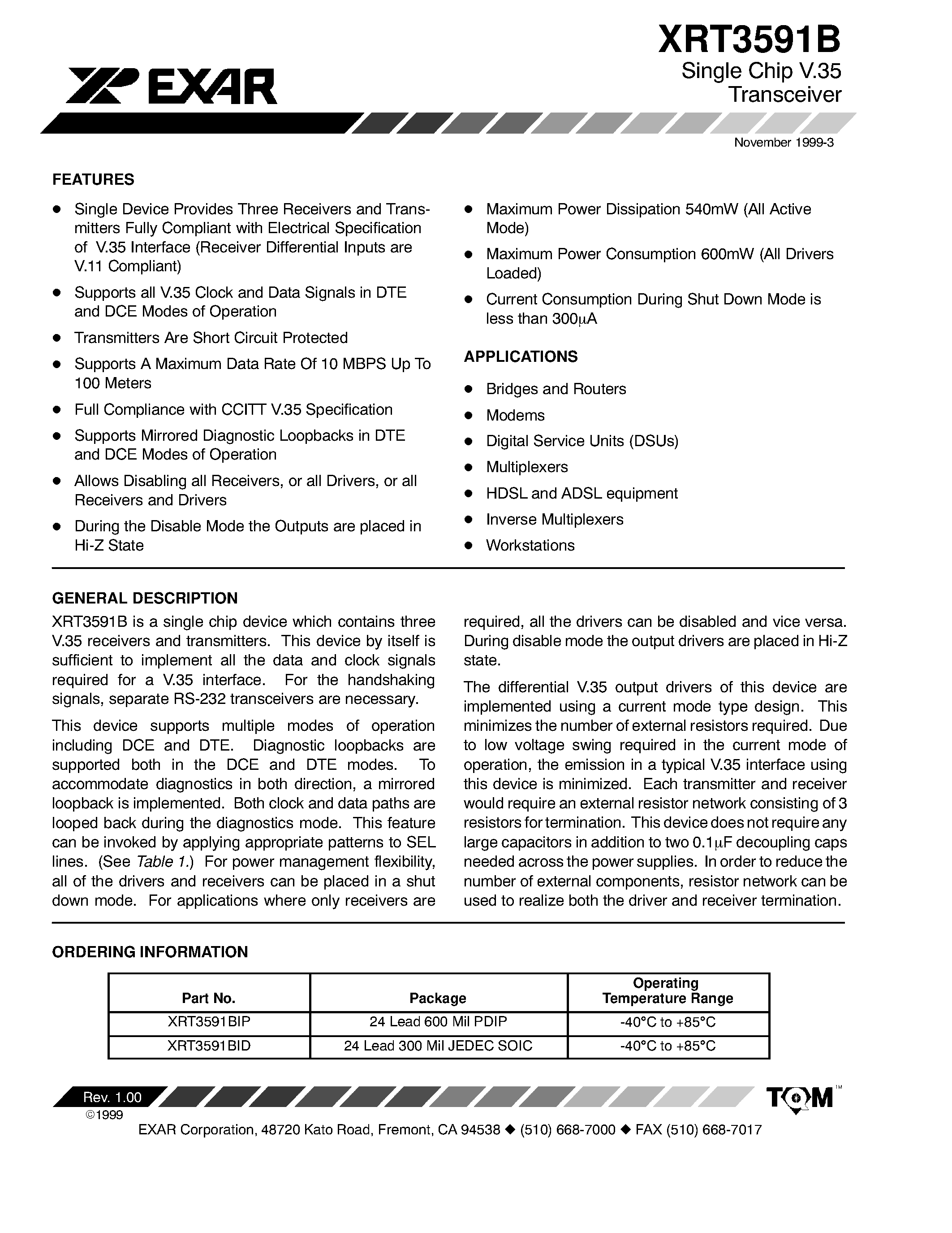 Datasheet XRT3591B - SINGLECHIP V. 35 TRANSCEIVER page 1
