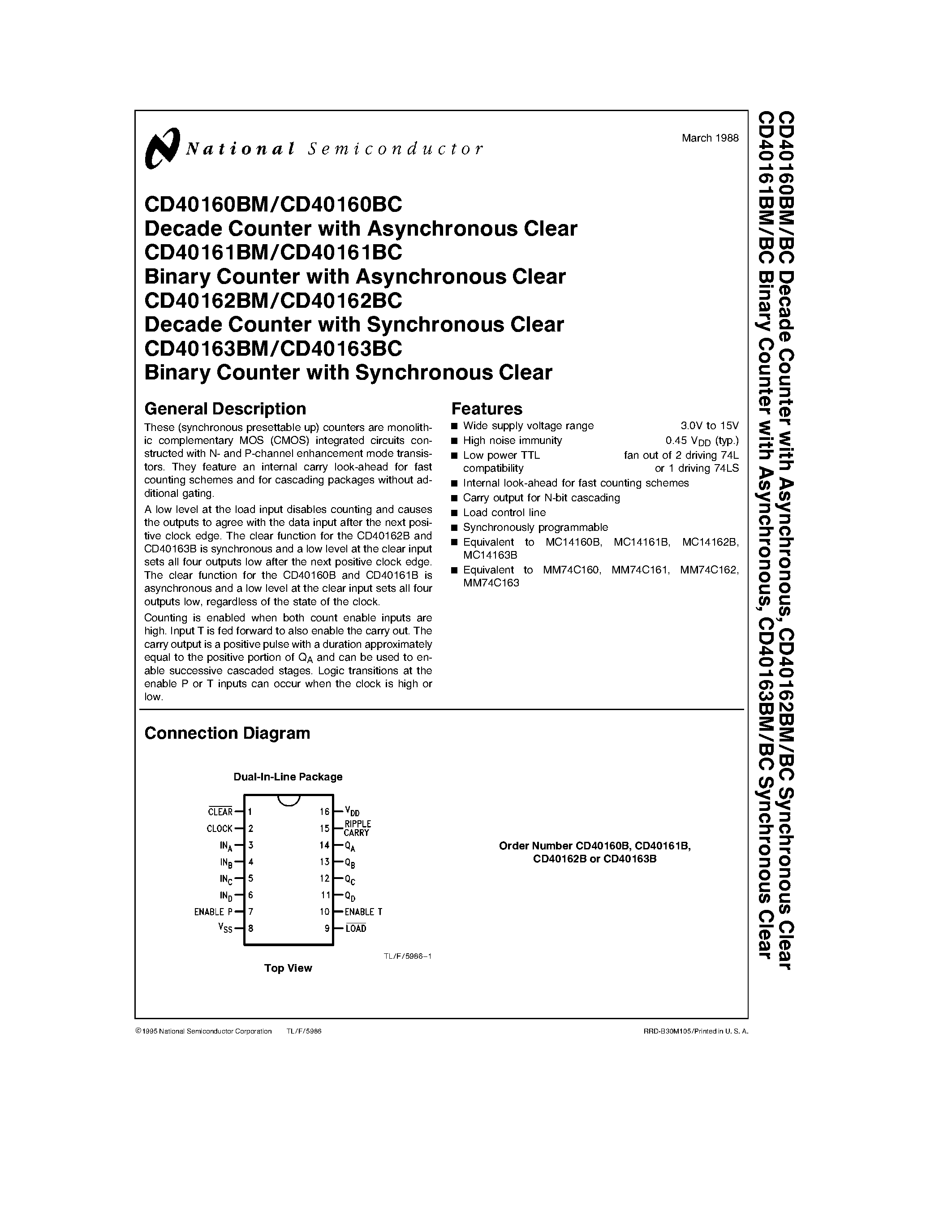 Datasheet CD40160BC - (CD40160BM - CD40163BM) Decade Counter with Asynchronous Clear page 1
