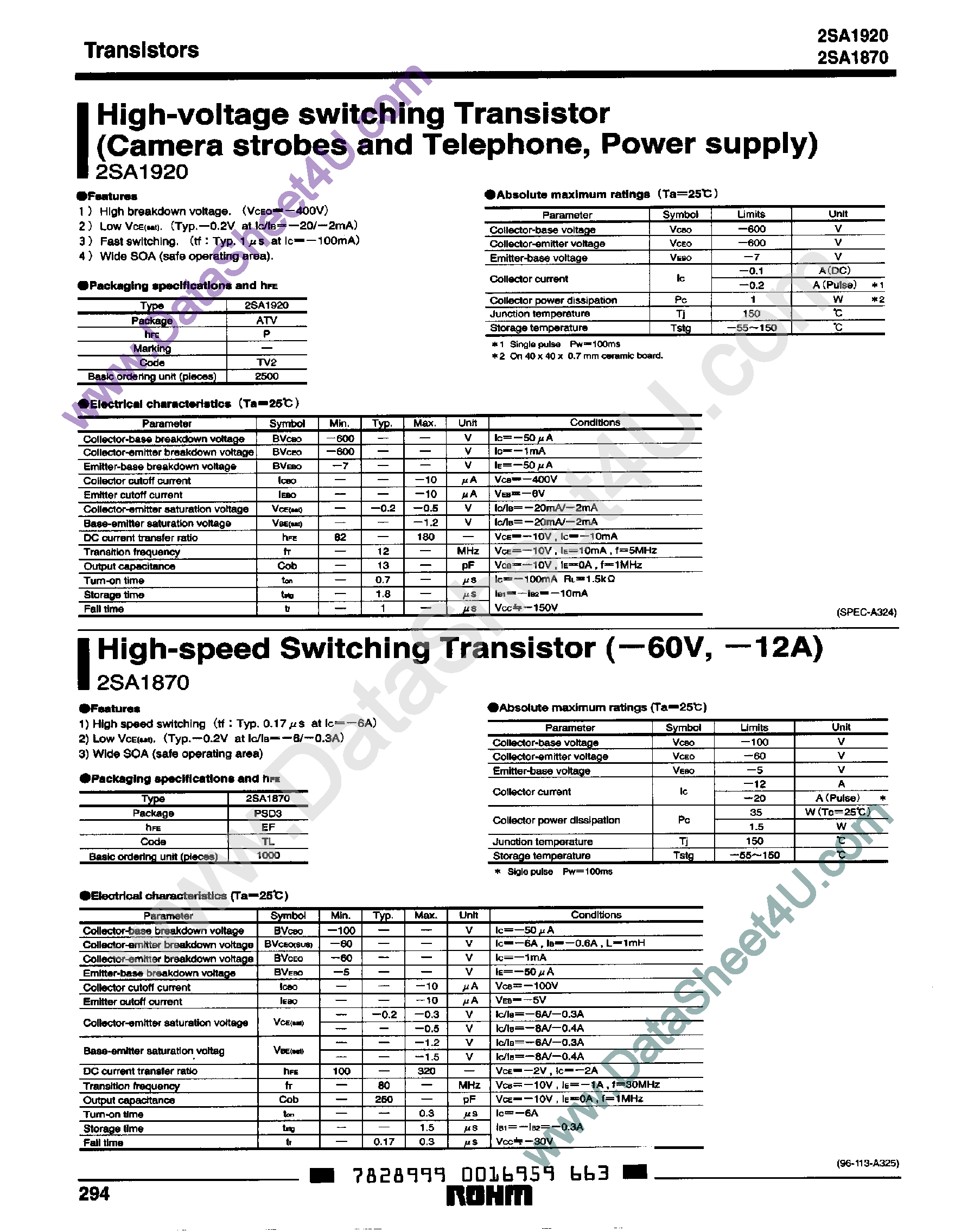 Даташит 2SA1870 - (2SA1870 - 2SA1920) High Voltage Switching Transistor страница 1