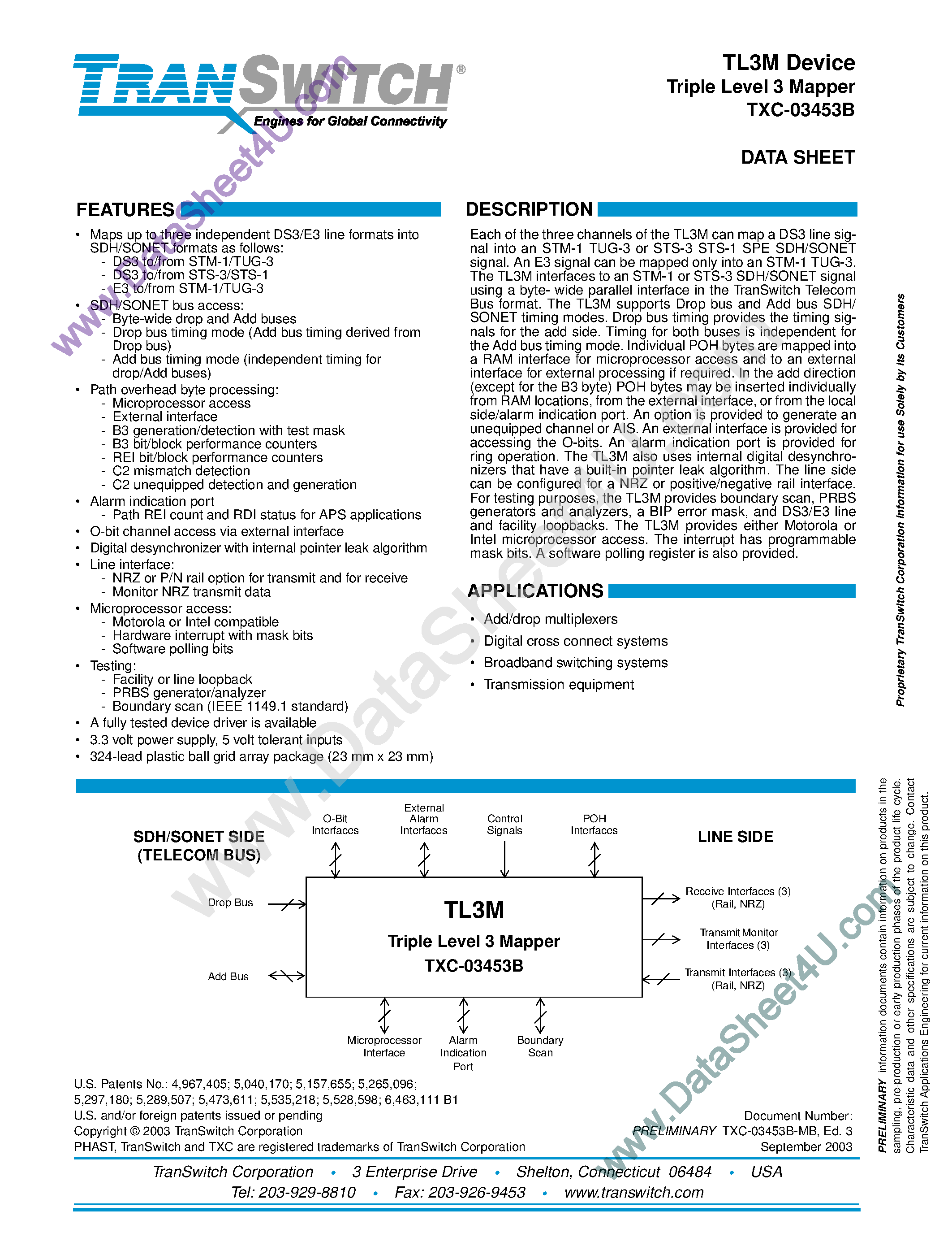 Datasheet TXC-03453B - TL3M Device Triple Level 3 Mapper page 1