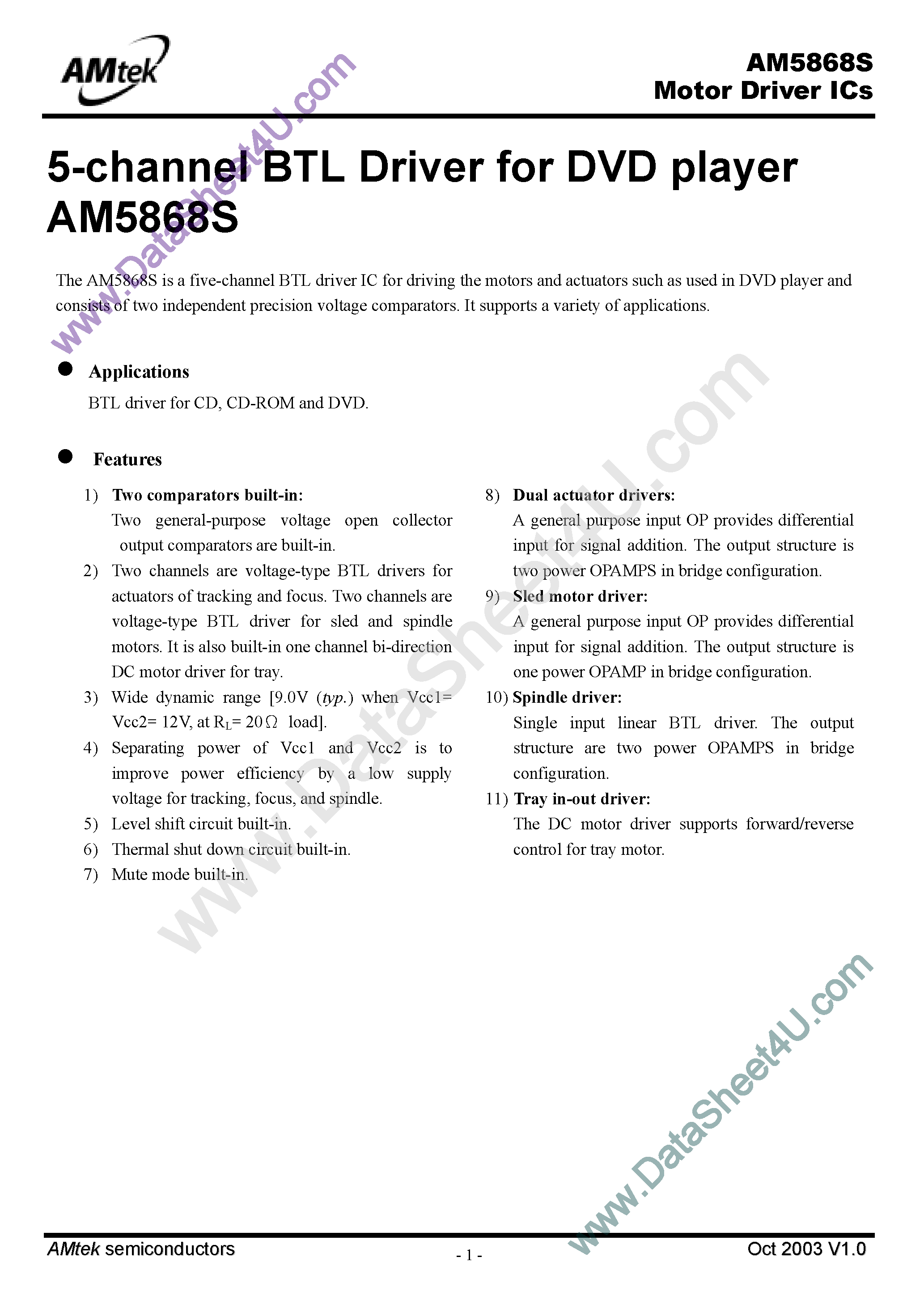 Datasheet AM5868S - Motor Driver ICs / 5-Channel BTL Driver page 1