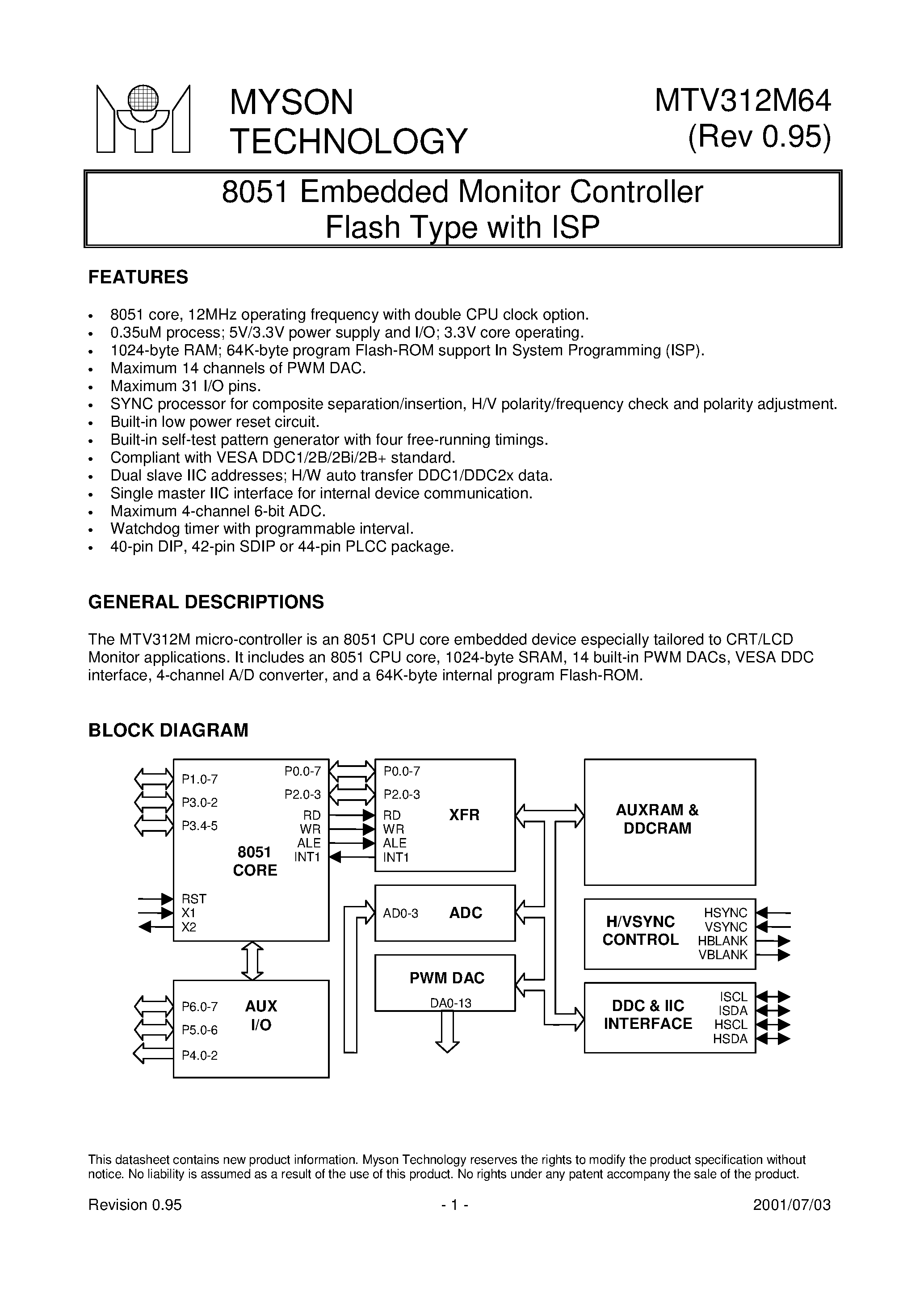 Datasheet MTV312M64 - 8051 Embedded Monitor Controller Flash Type with ISP page 1
