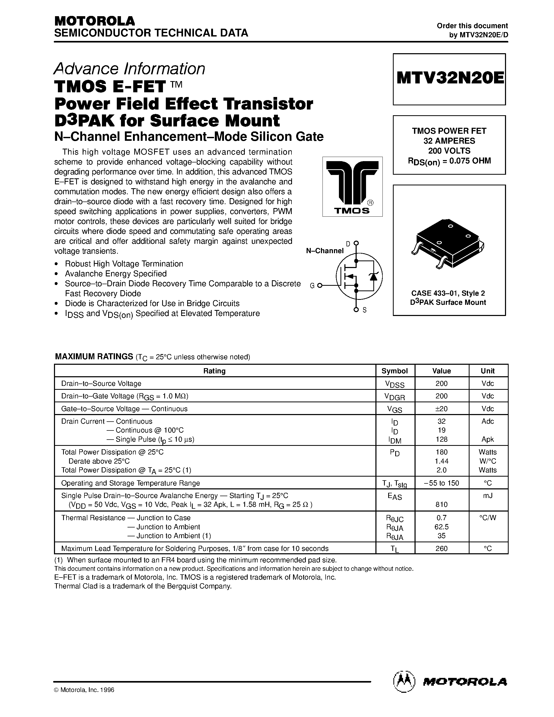Datasheet MTV32N20E - TMOS POWER FET 32 AMPERES 200 VOLTS RDS(on) = 0.075 OHM page 1