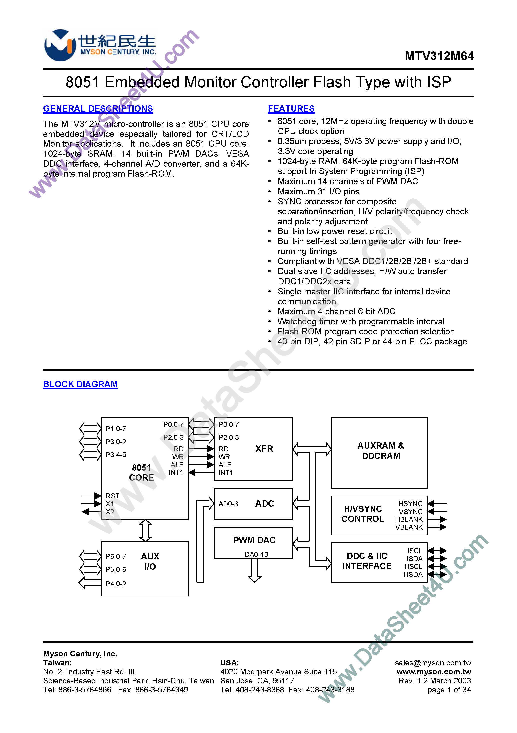 Datasheet MTV312MV64 - 8051 Embedded Monitor Controller page 1