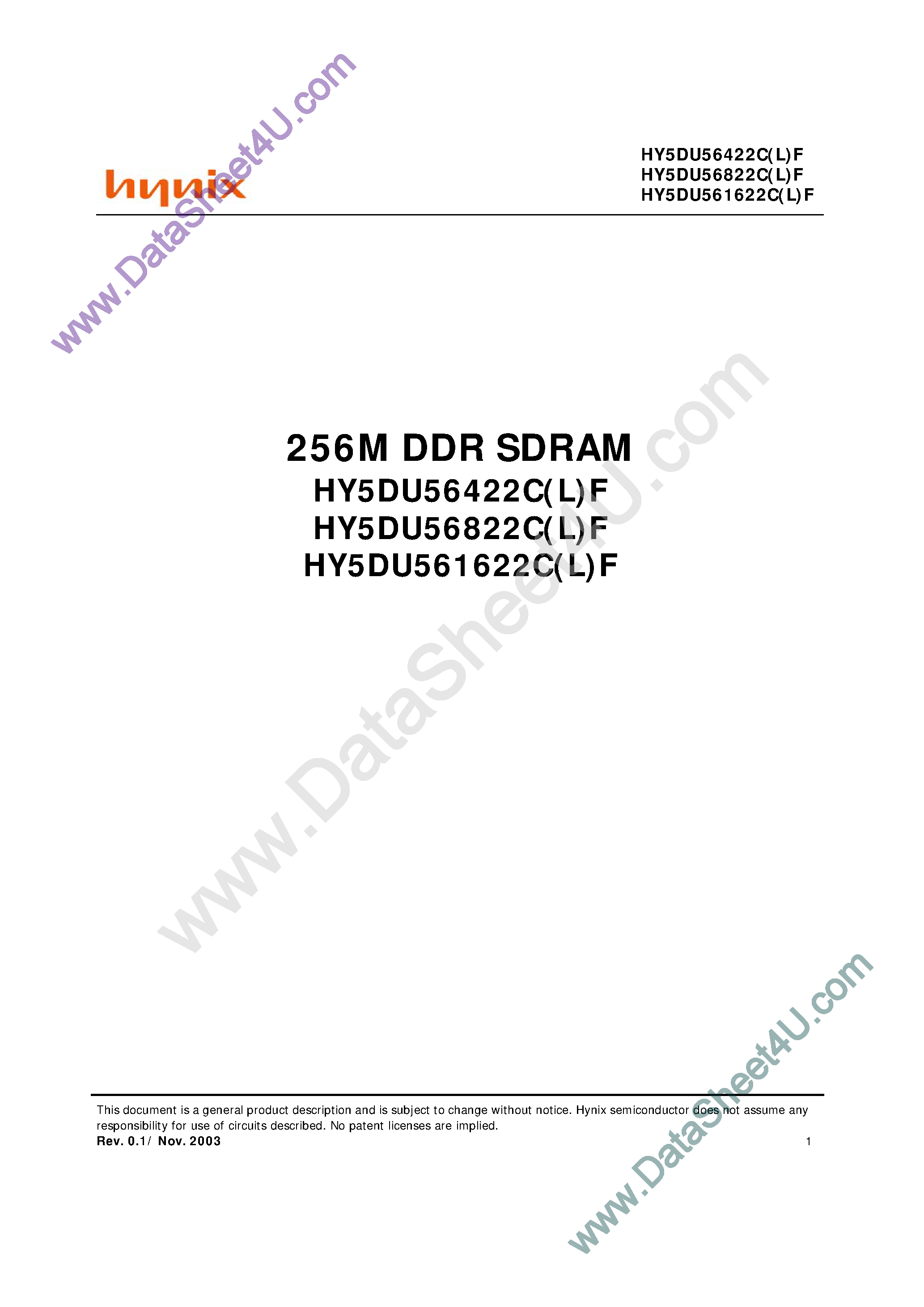 Datasheet HY5DU561622CF - (HY5DU56xxxC(L)F) 256M DDR SDRAM page 1