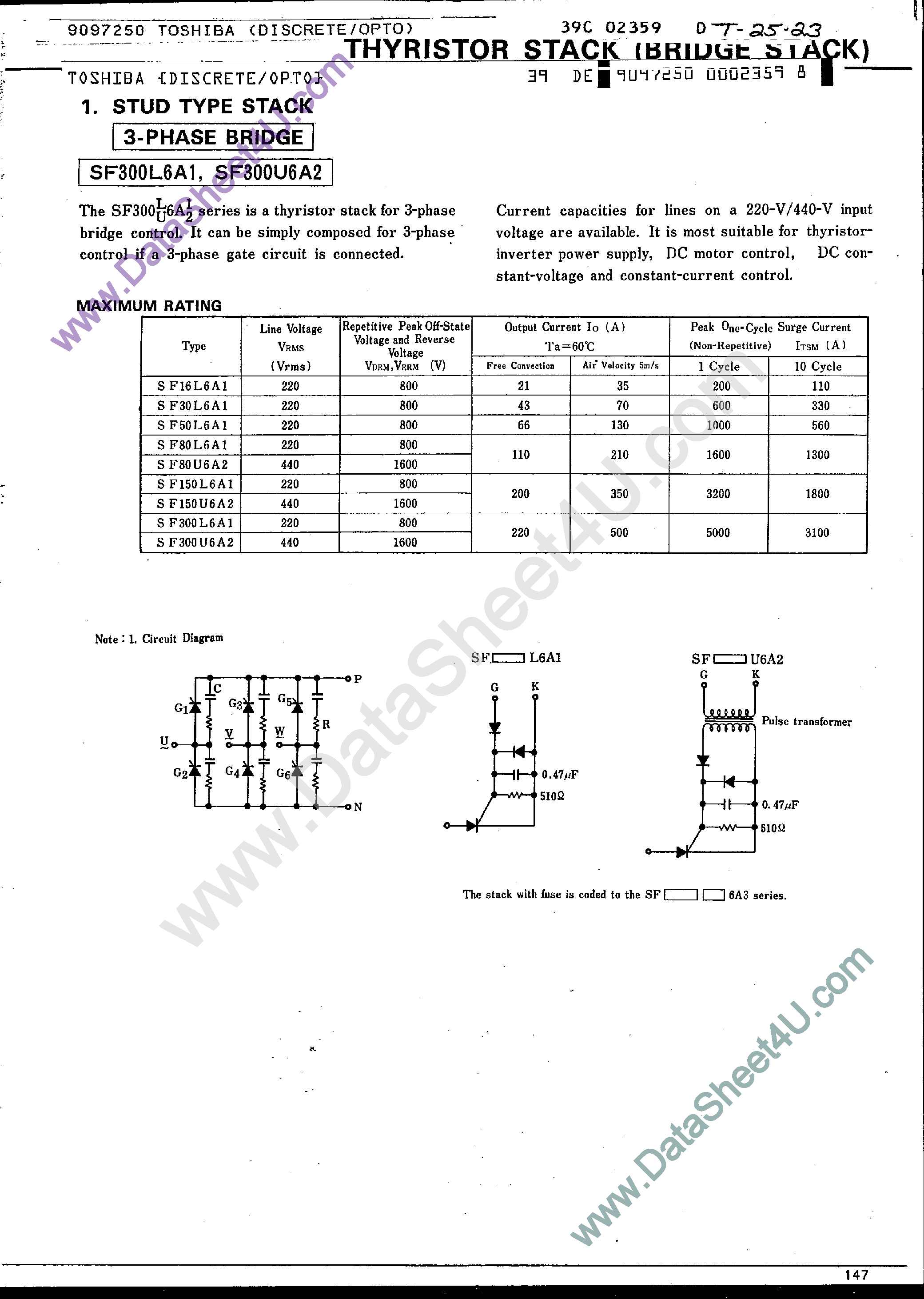 Datasheet SF150L6A1 - (SF1xxxx) Stud Type Stack / 3-Phase Bridge page 1