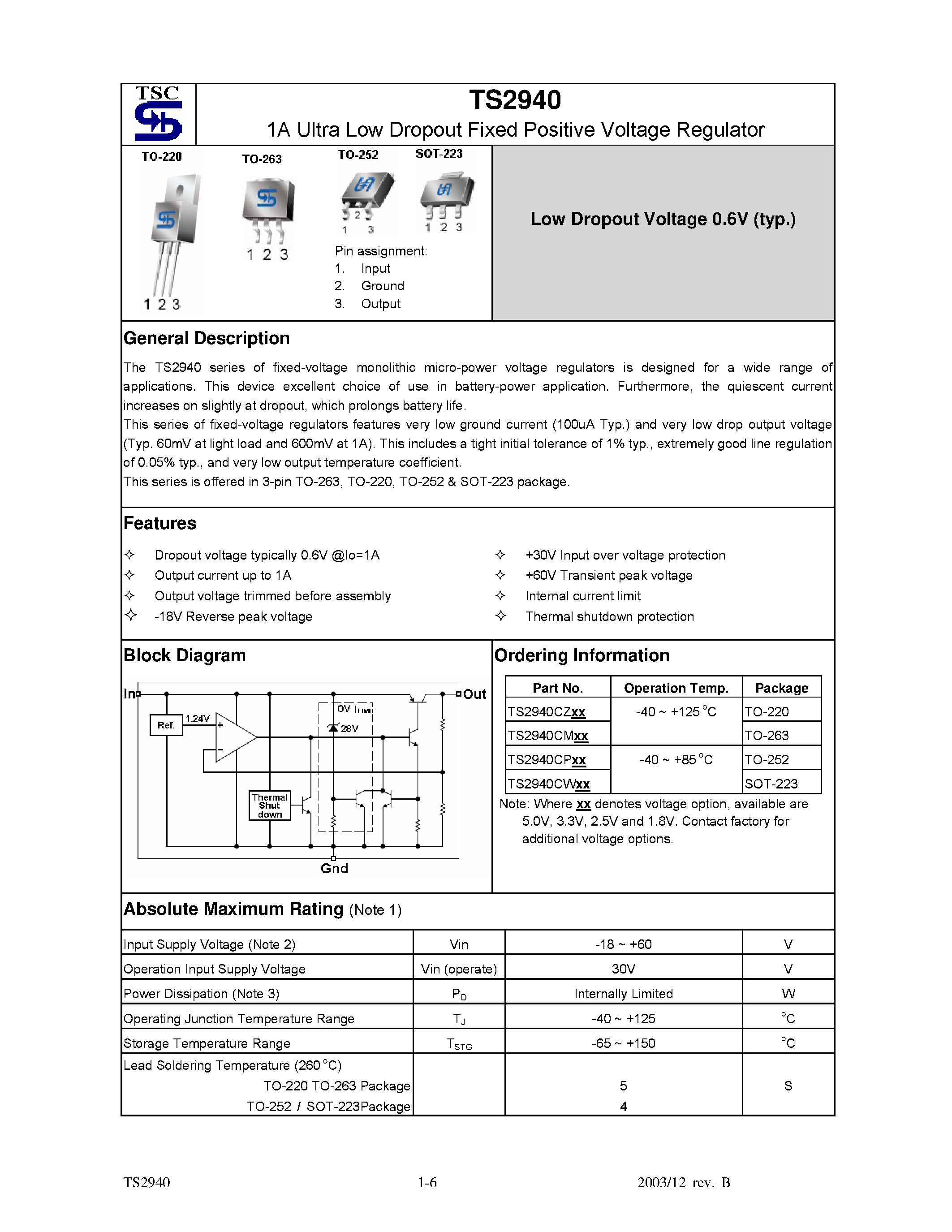 Datasheet TS2940 - 1A Ultra Low Dropout Fixed Positive Voltage Regulator page 1