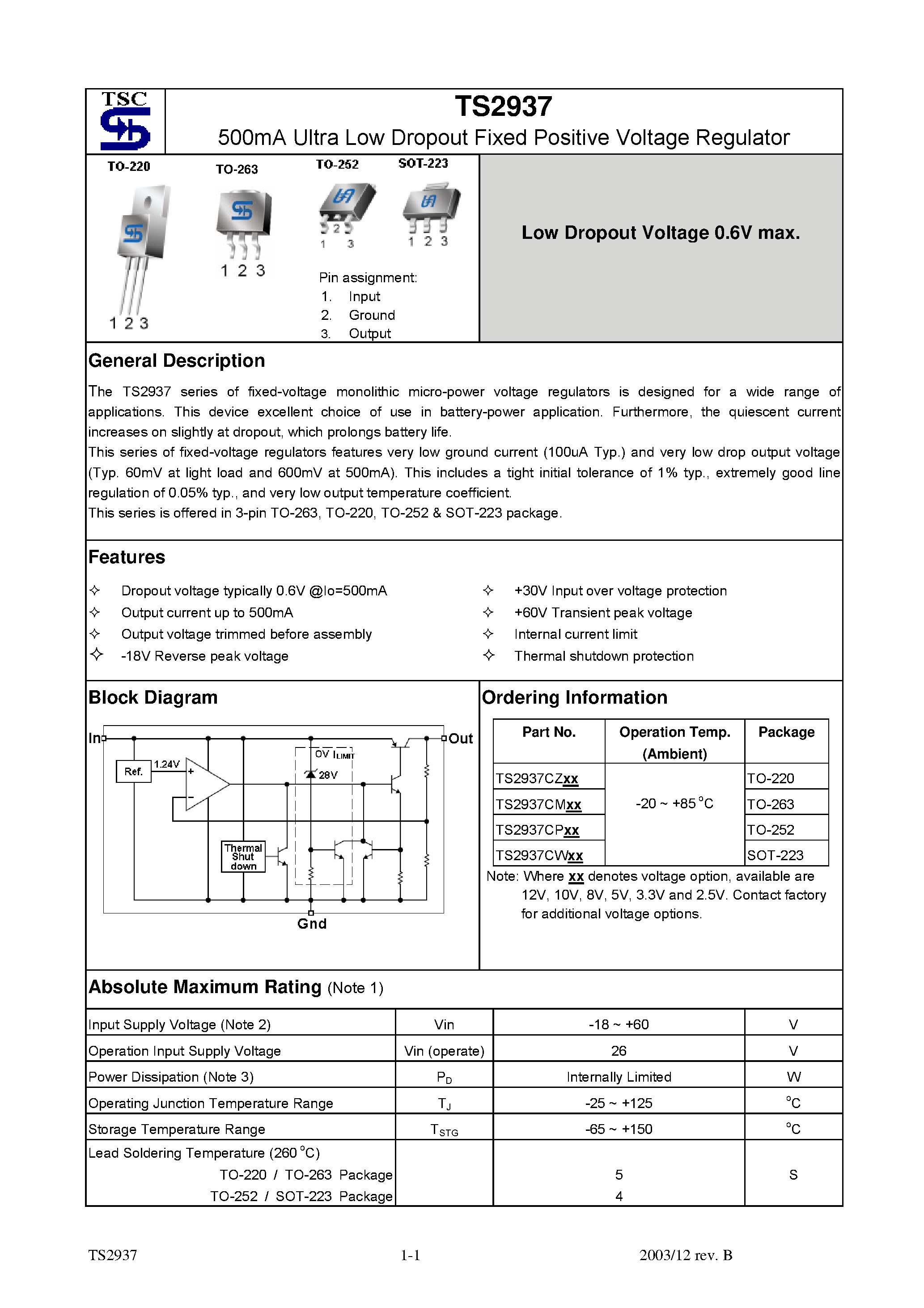 Даташит TS2937 - 500mA Ultra Low Dropout Fixed Positive Voltage Regulator страница 1
