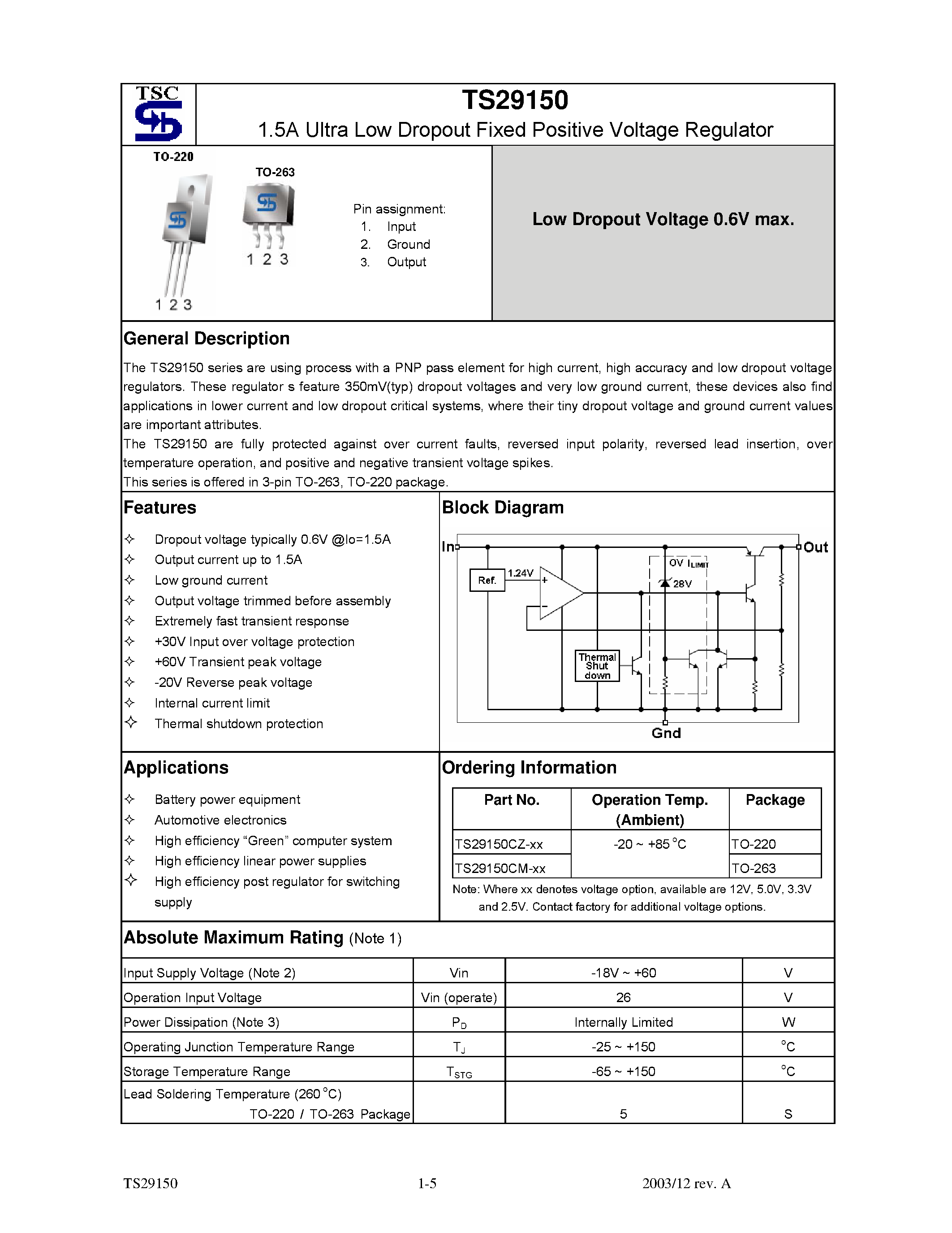 Даташит TS29150 - 1.5A Ultra Low Dropout Fixed Positive Voltage Regulator страница 1