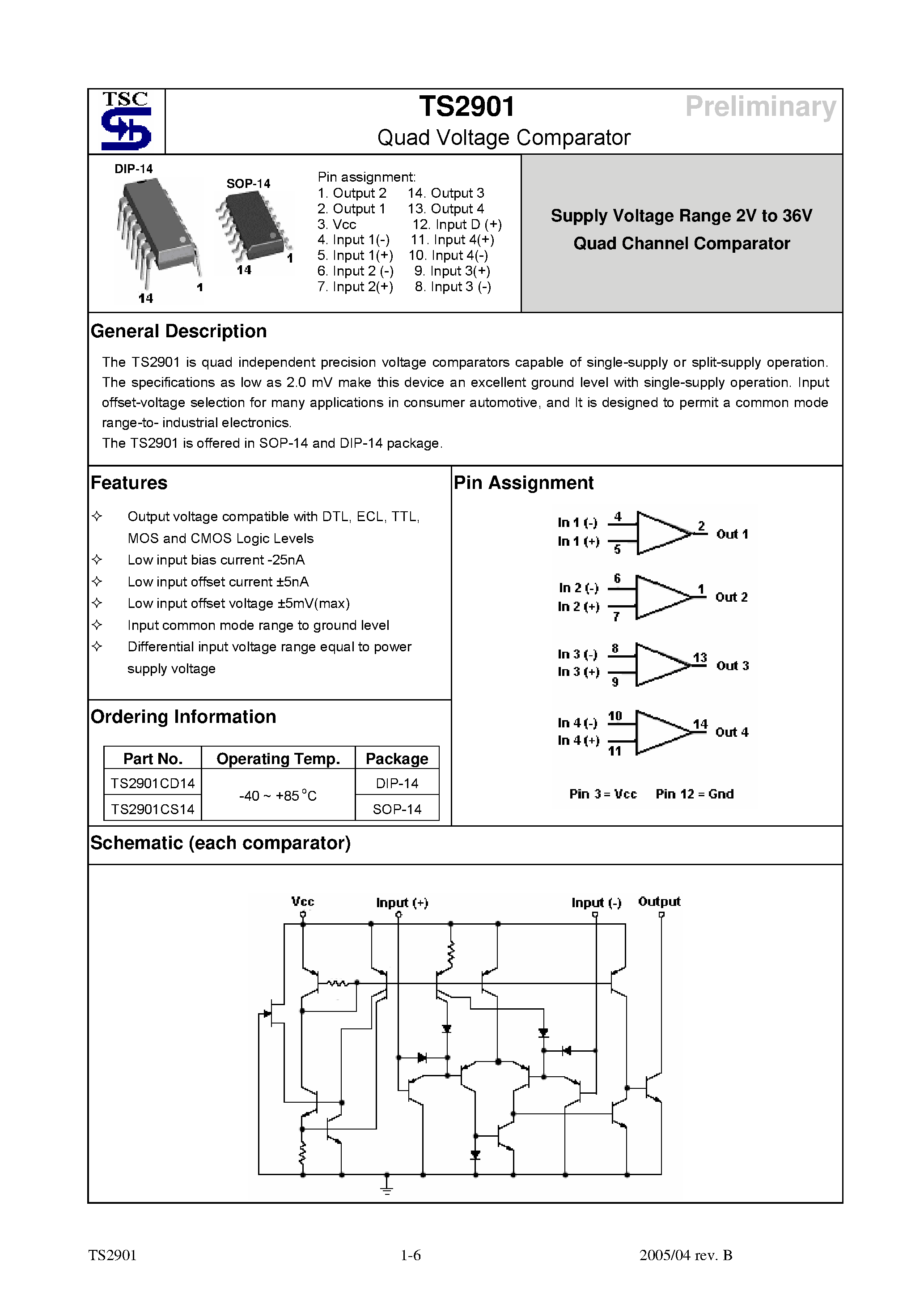 Даташит TS2901 - Quad Voltage Comparator страница 1
