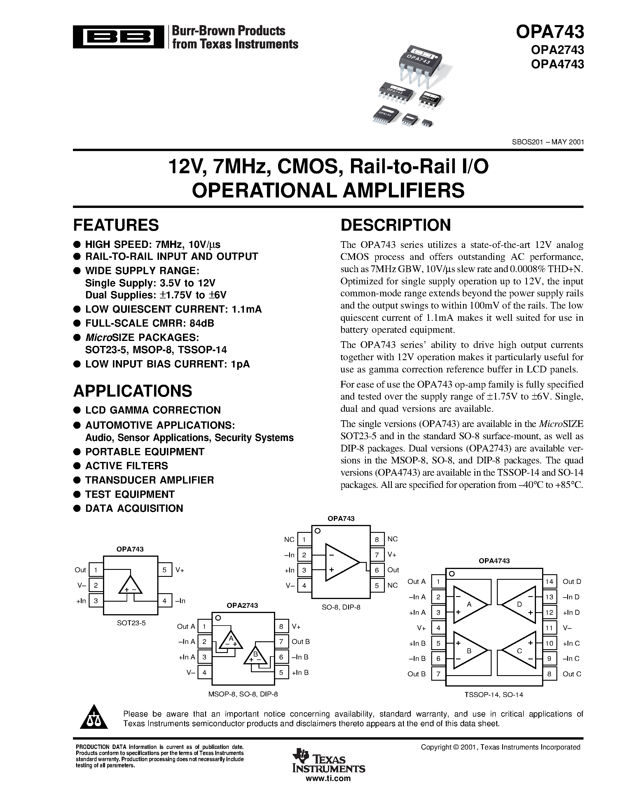 Datasheet OPA2743 - Rail-to-Rail I/O OPERATIONAL AMPLIFIERS page 1