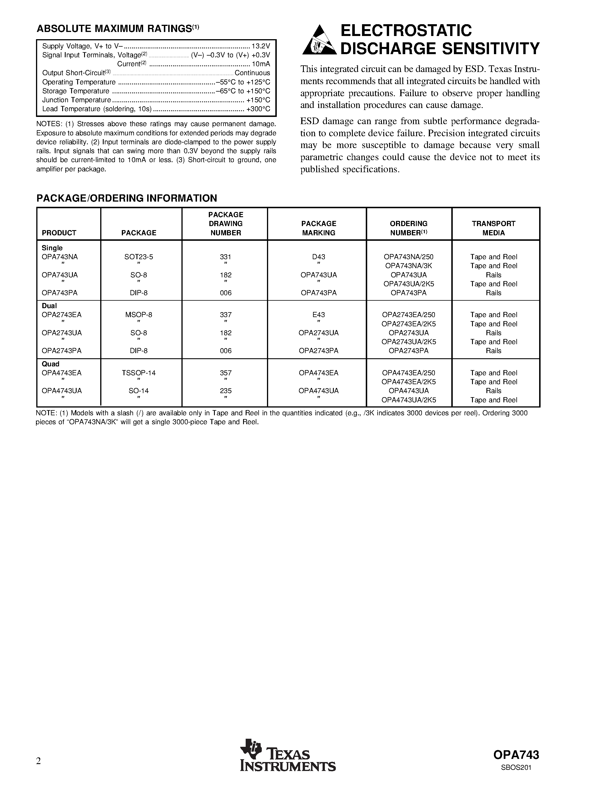 Datasheet OPA2743 - Rail-to-Rail I/O OPERATIONAL AMPLIFIERS page 2